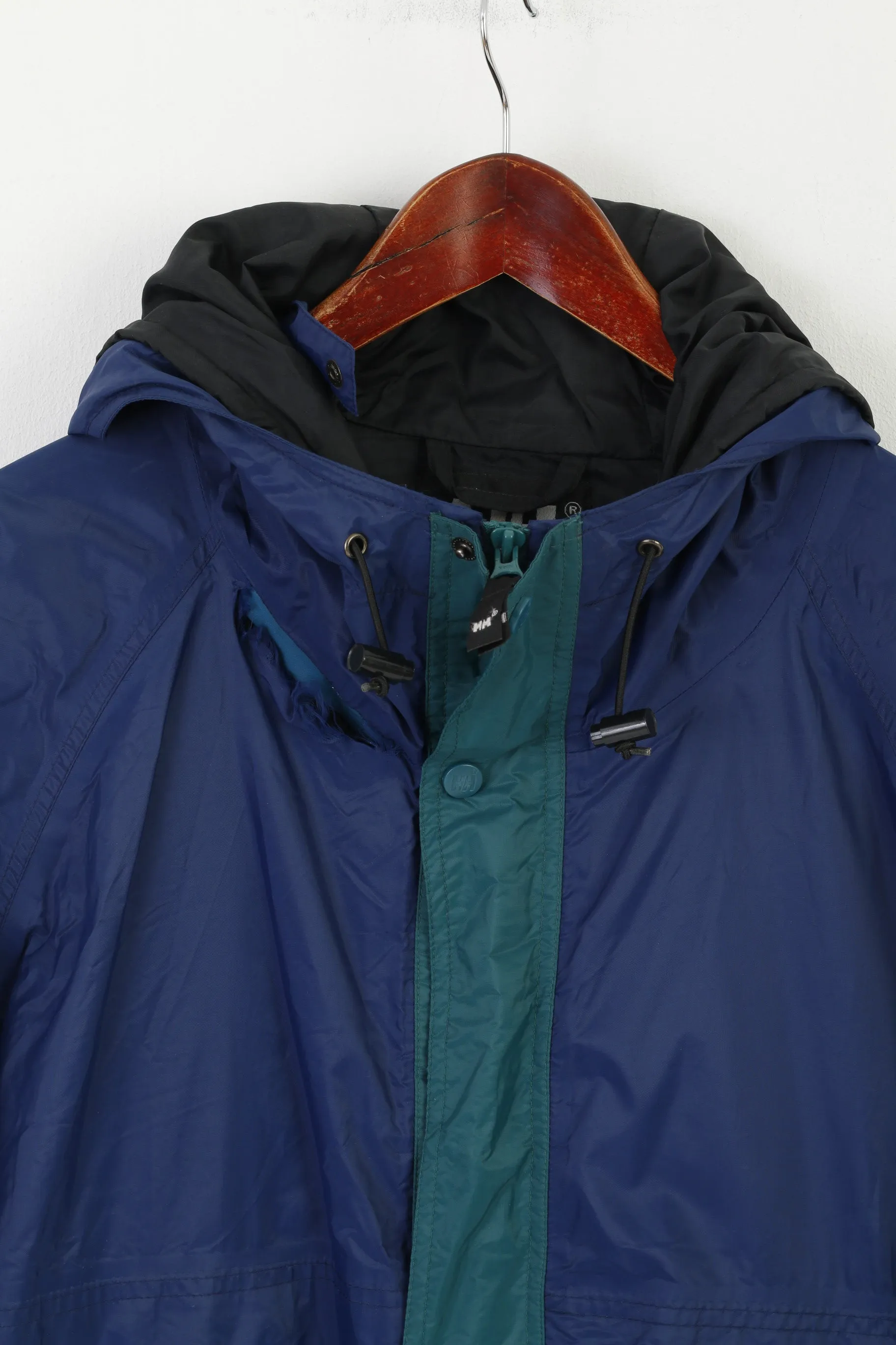 Helly Hansen Men XL Jacket Navy Green Nylon Waterproof Hooded Zip Up Outdoor Sailing Top