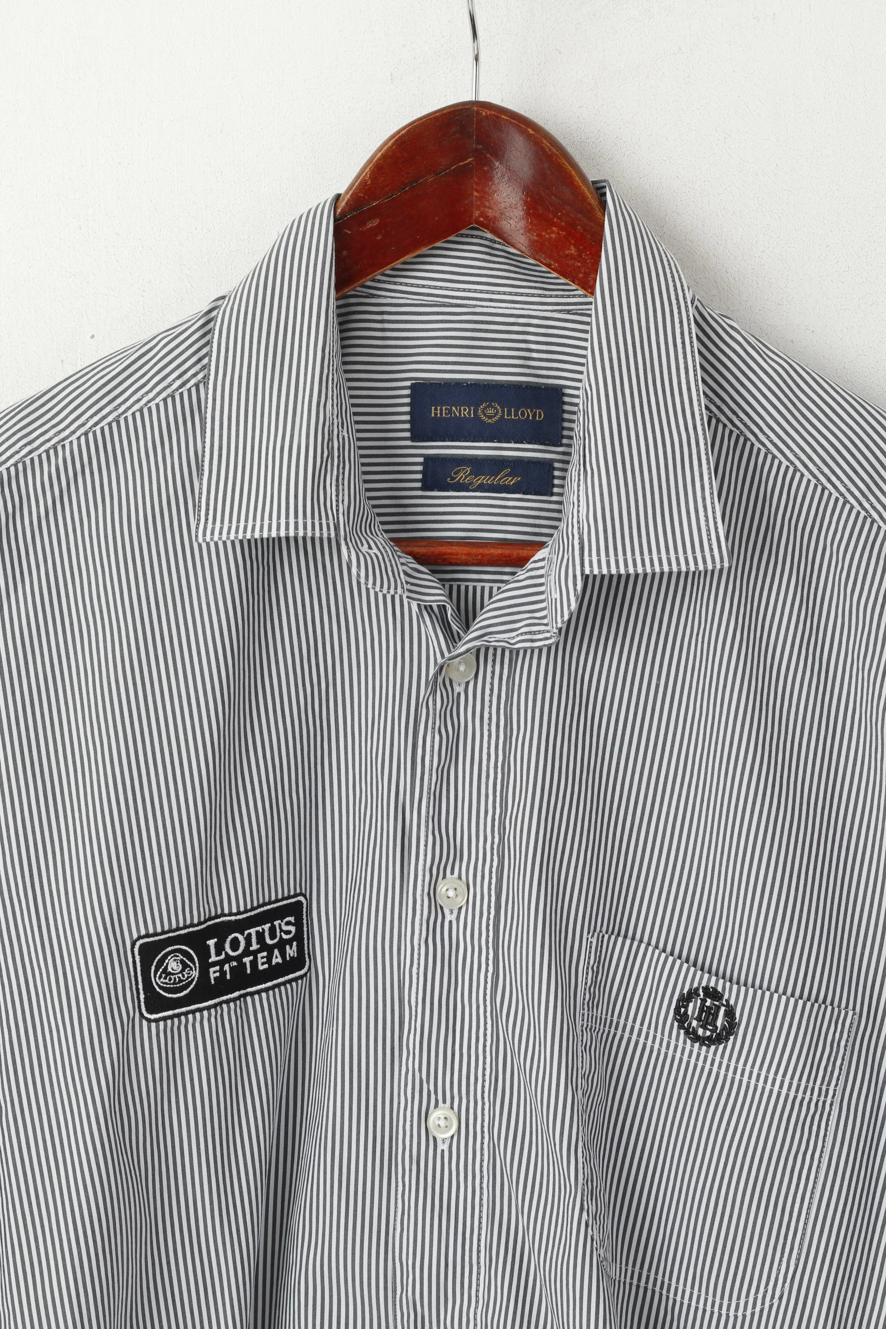 Henri Lloyd Men L Casual Shirt Gray Striped Cotton Regular Fit Long Sleeve Lotus Team Top