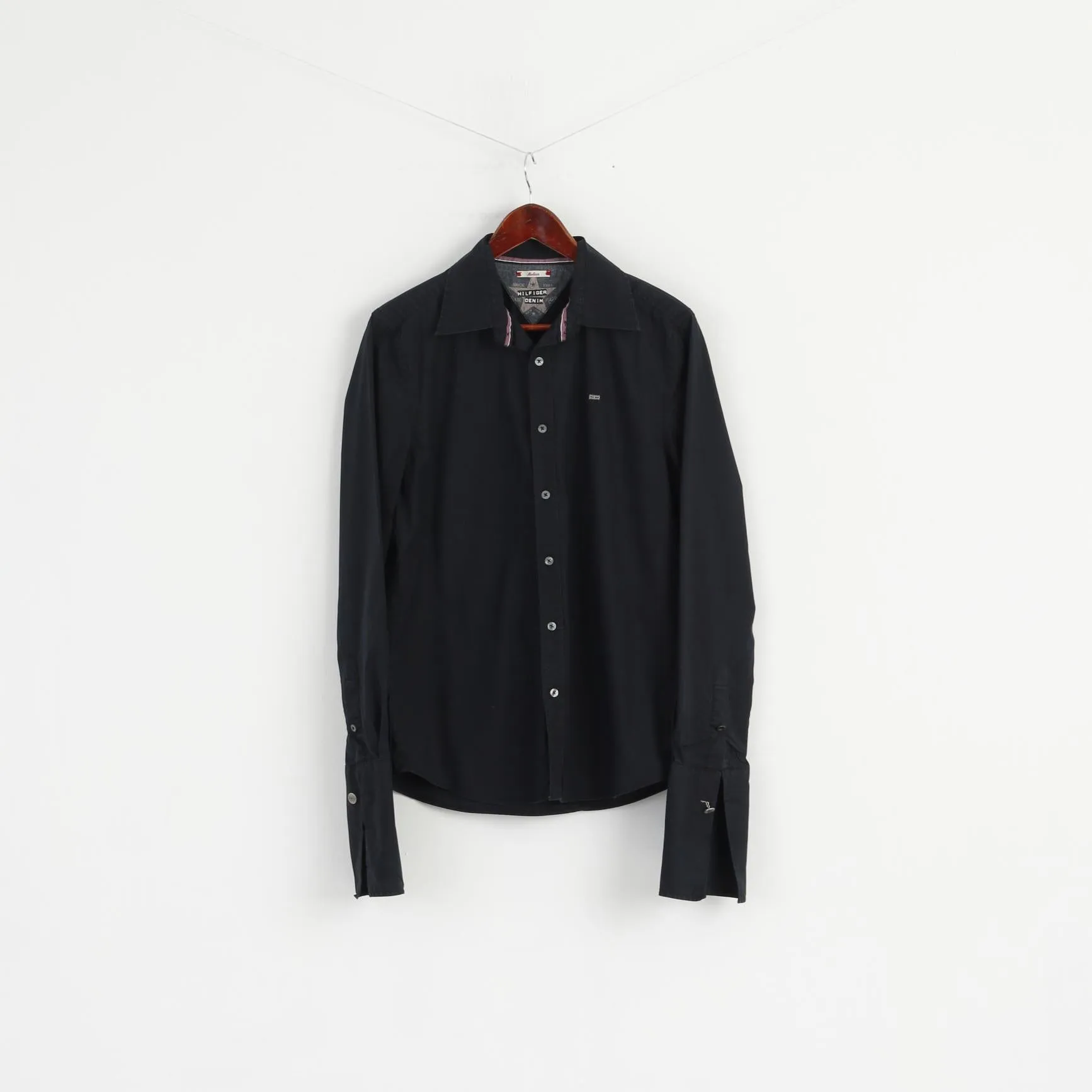Hilfiger Denim Men M Casual Shirt Black Fit Cotton Cuff Long Sleeve Detailed Buttons Top
