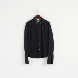 Hilfiger Denim Men M Casual Shirt Black Fit Cotton Cuff Long Sleeve Detailed Buttons Top