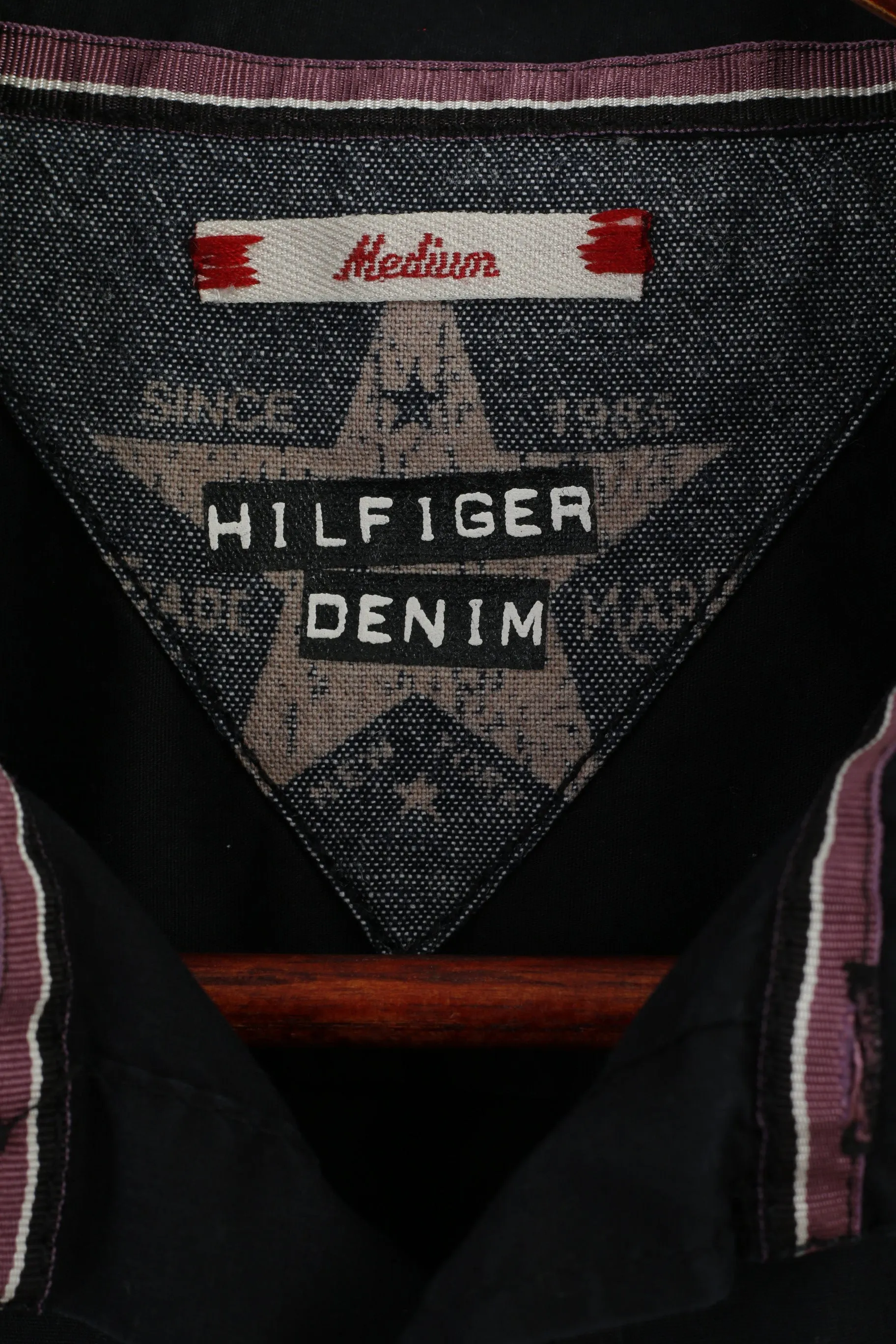 Hilfiger Denim Men M Casual Shirt Black Fit Cotton Cuff Long Sleeve Detailed Buttons Top