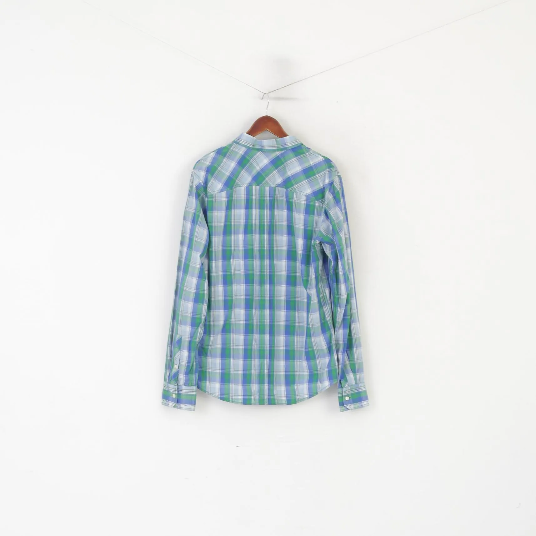 Hilfiger Denim Men XL (L) Casual Shirt Blue Cotton Checkered Button Down Collar Top