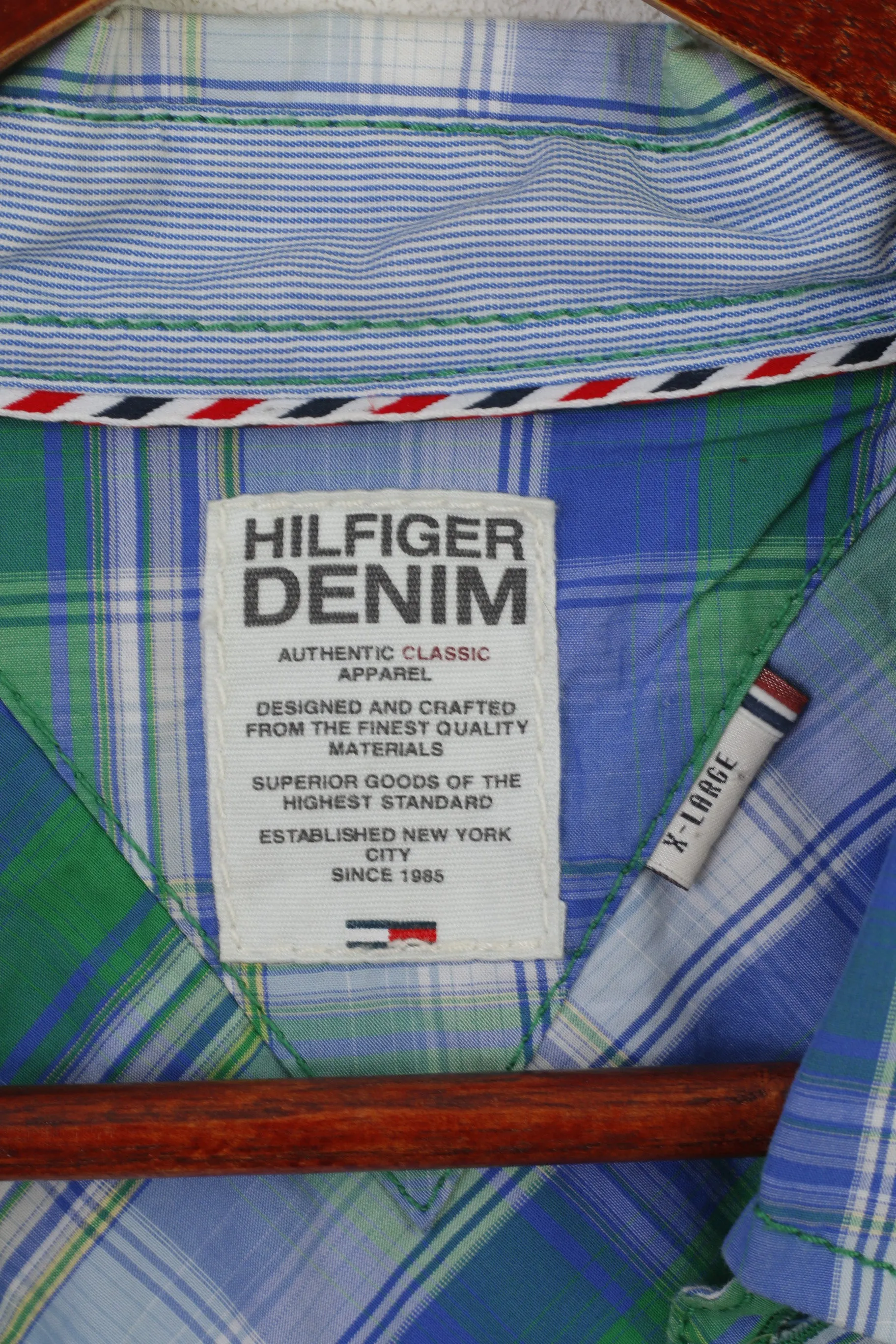 Hilfiger Denim Men XL (L) Casual Shirt Blue Cotton Checkered Button Down Collar Top