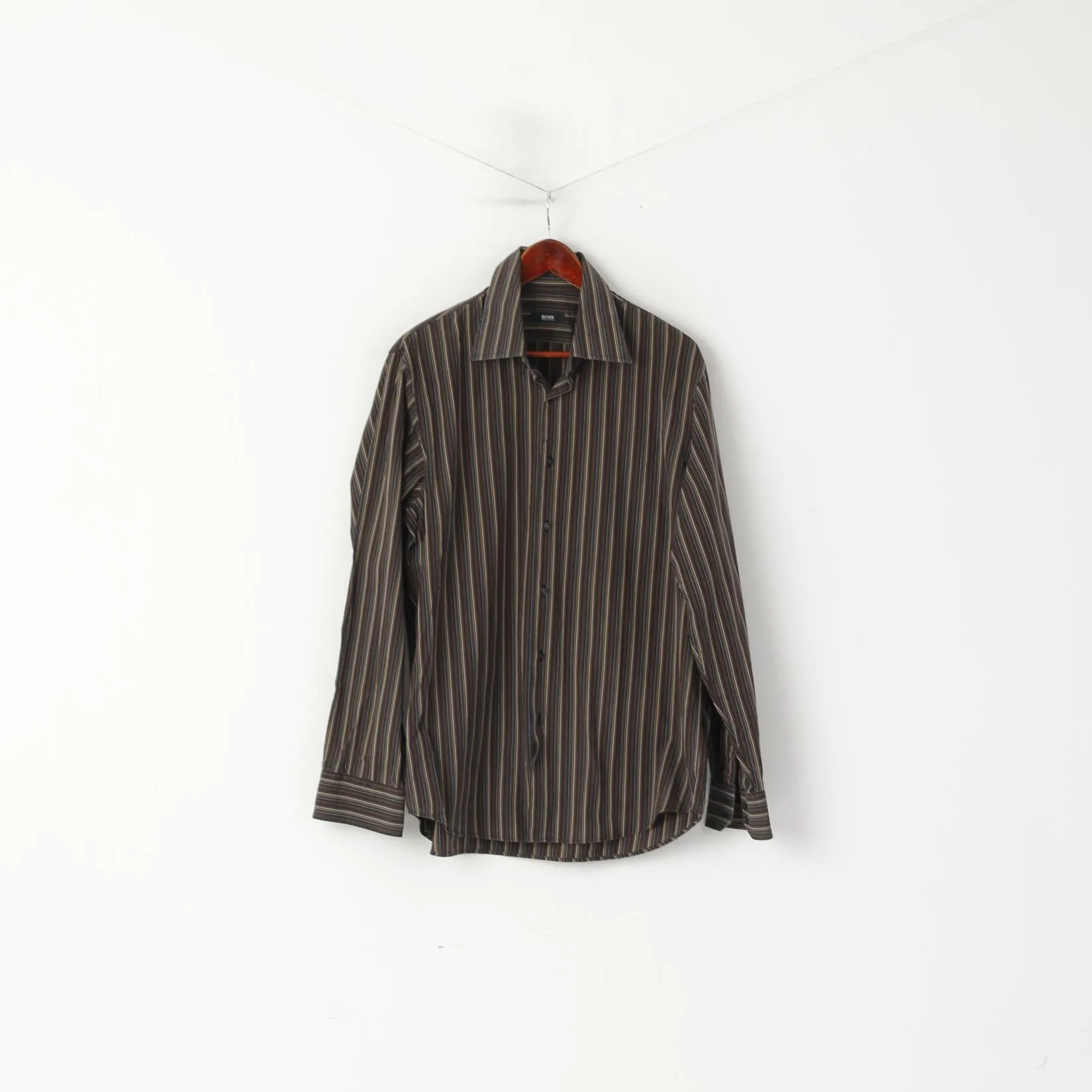 Hugo Boss Men 17 43 XL Casual Shirt Brown Cotton Striped Long Sleeved Top