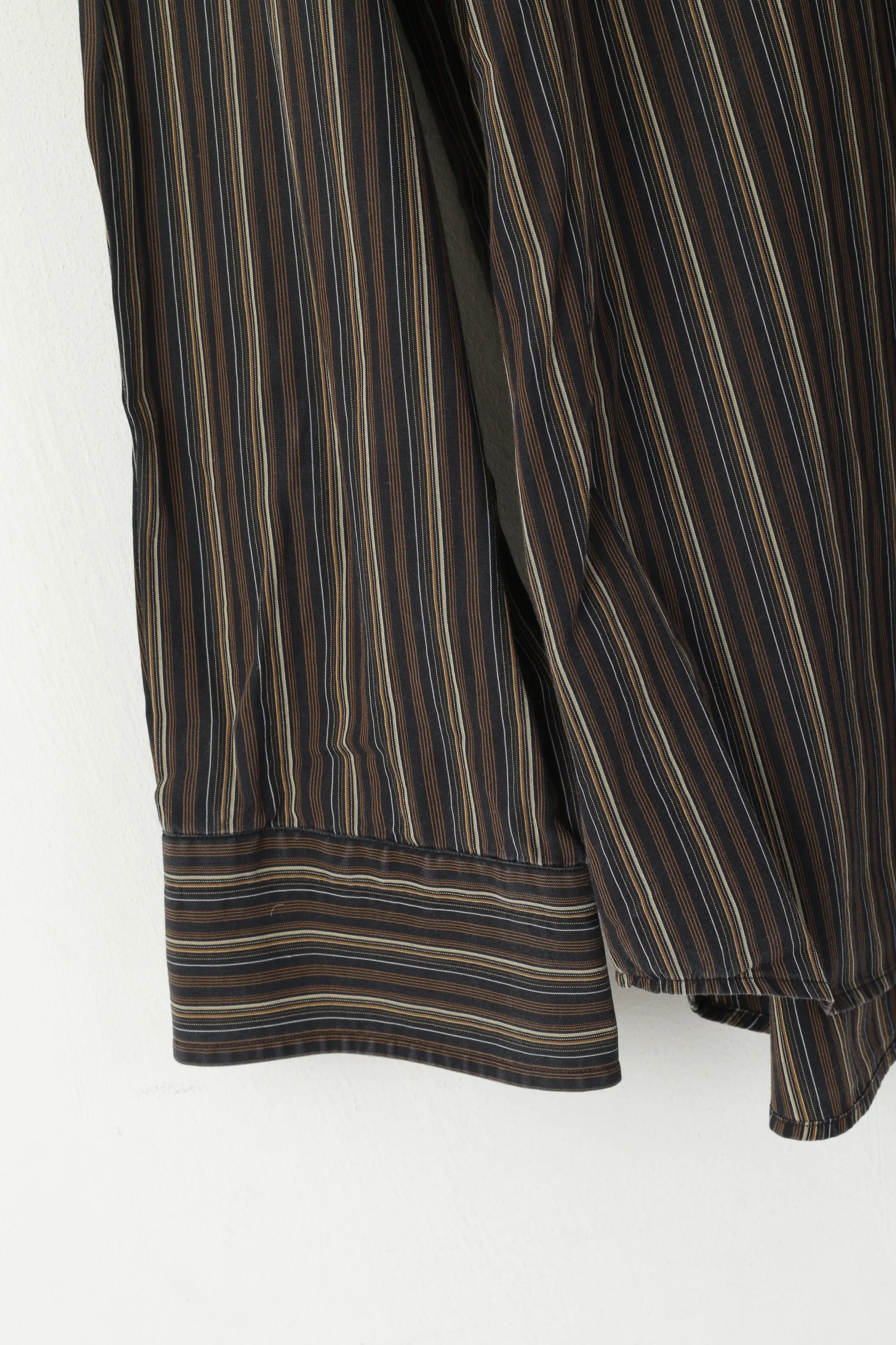 Hugo Boss Men 17 43 XL Casual Shirt Brown Cotton Striped Long Sleeved Top