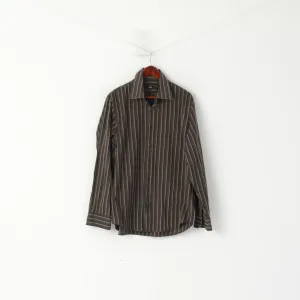 Hugo Boss Men 17 43 XL Casual Shirt Brown Cotton Striped Long Sleeved Top