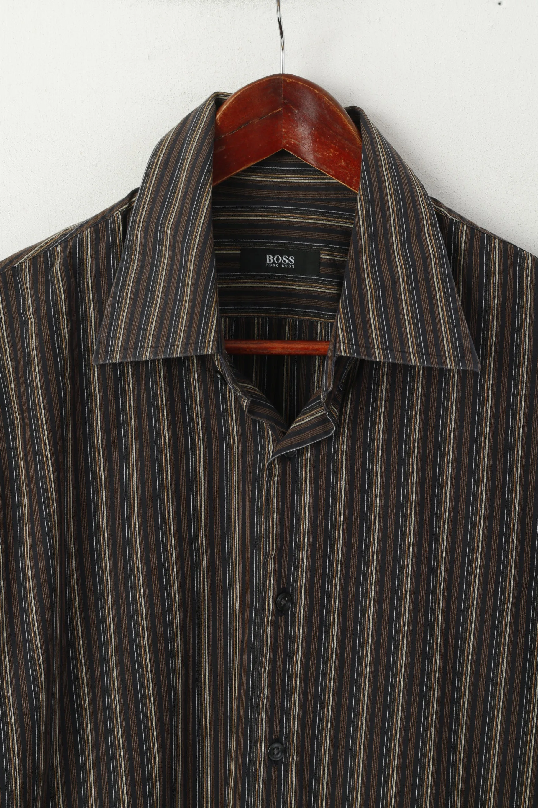 Hugo Boss Men 17 43 XL Casual Shirt Brown Cotton Striped Long Sleeved Top