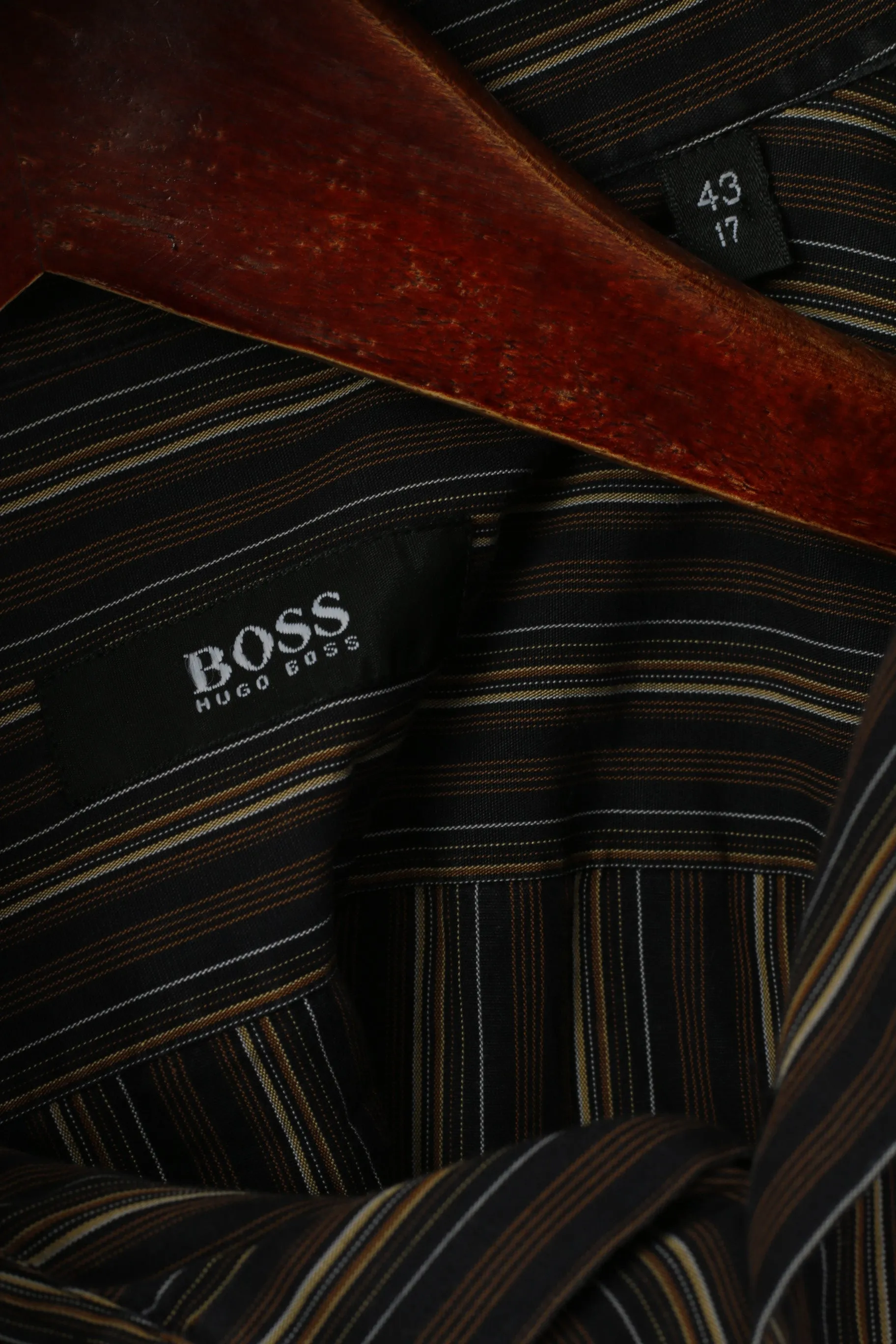 Hugo Boss Men 17 43 XL Casual Shirt Brown Cotton Striped Long Sleeved Top