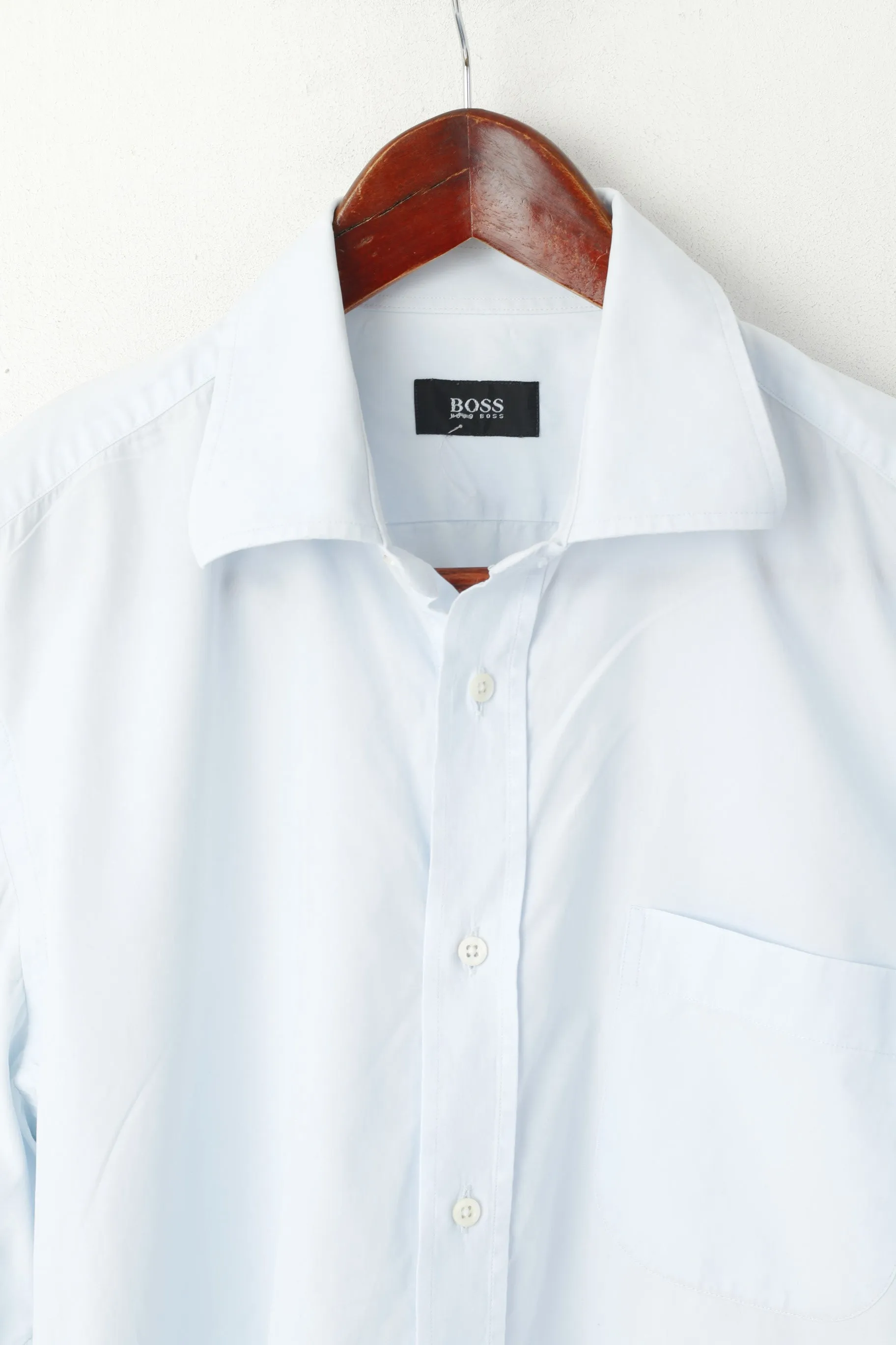 Hugo Boss Men 39 15.5 L Casual Shirt Blue Cotton Long Sleeve Plain Top