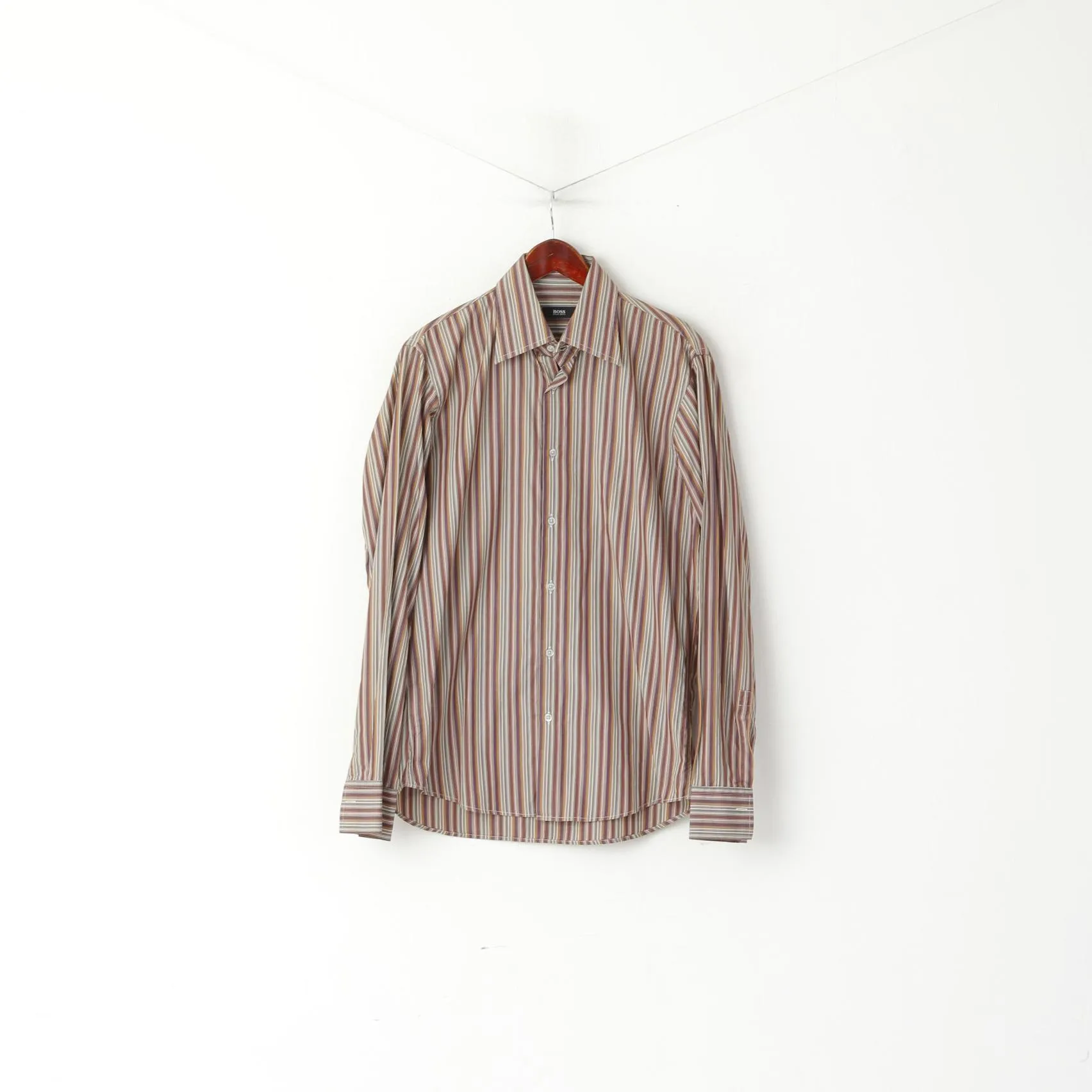 Hugo Boss Men 39 15.5 M Casual Shirt Brown Striped Cotton Long Sleeve Top