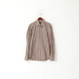 Hugo Boss Men 39 15.5 M Casual Shirt Brown Striped Cotton Long Sleeve Top