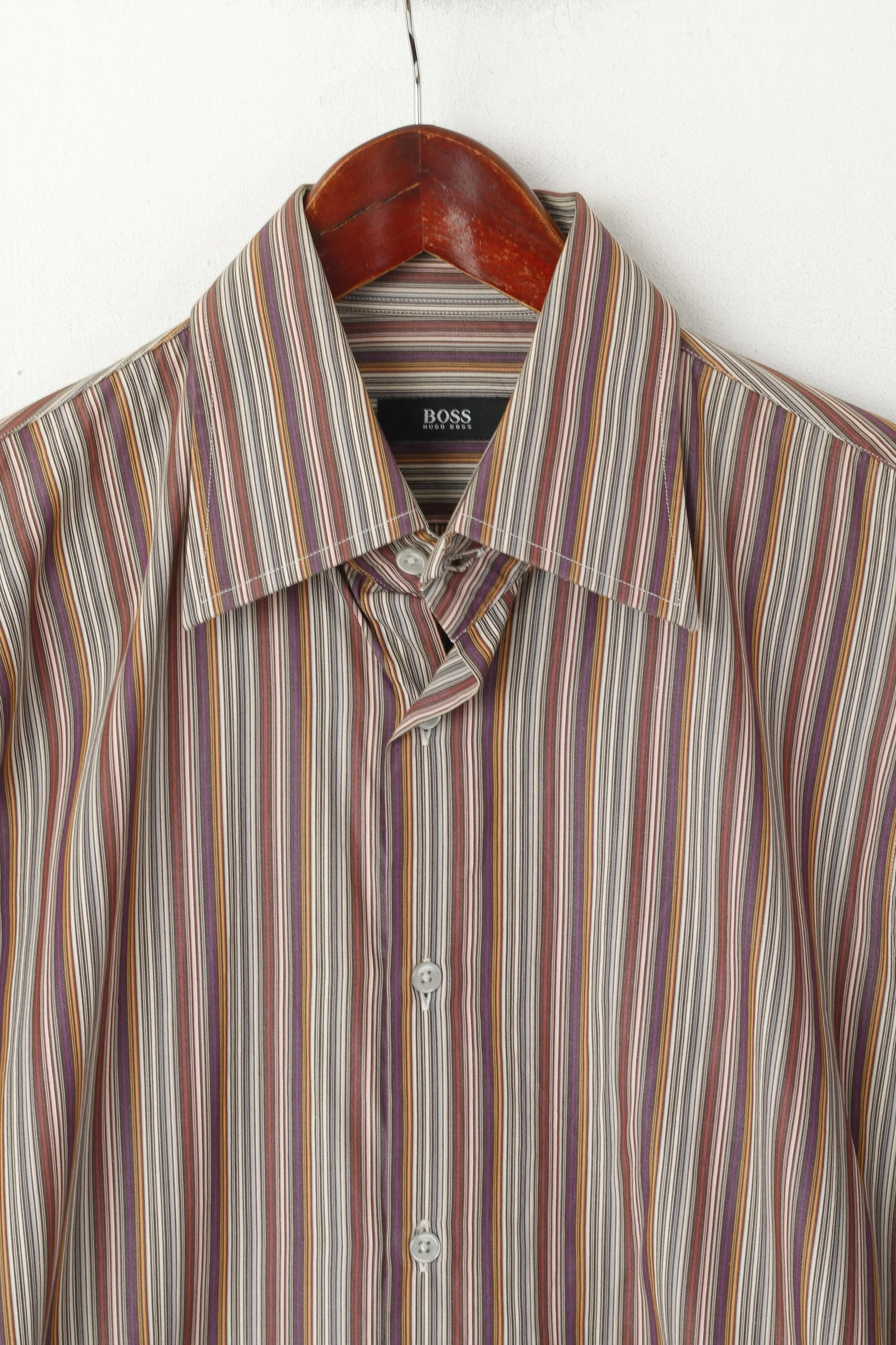 Hugo Boss Men 39 15.5 M Casual Shirt Brown Striped Cotton Long Sleeve Top