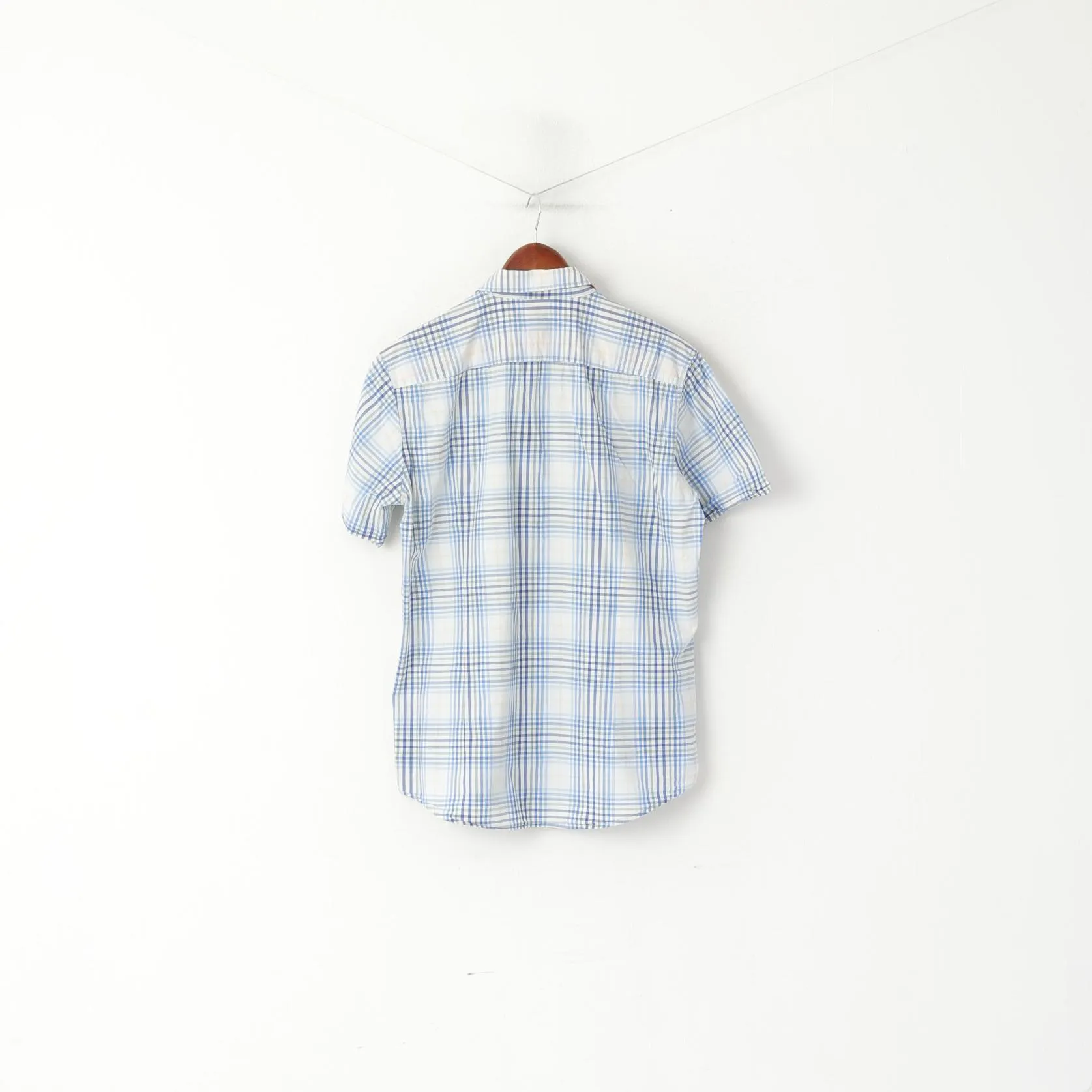 Hugo Boss Men L (M) Casual Shirt Blue Check Cotton Slim Fit Short Sleeve Top