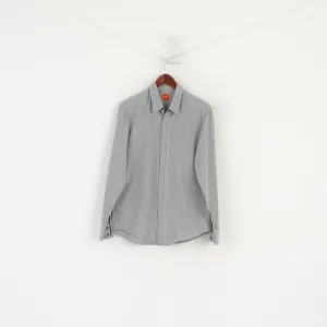 Hugo Boss Men L (M) Casual Shirt Grey Striped Cotton Hidden Buttons Long Sleeve Top