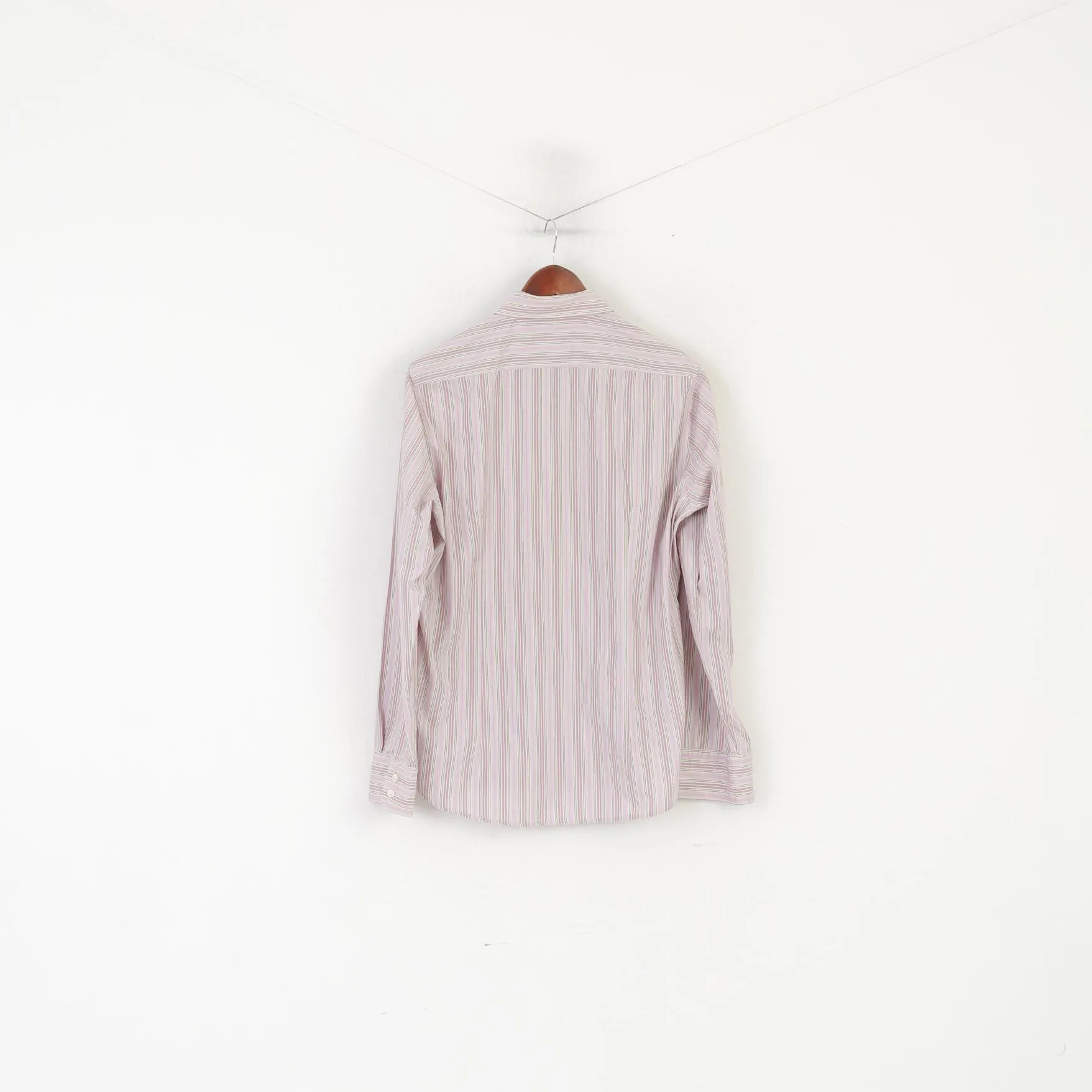 Hugo Boss Men M Casual Shirt Pink Cotton Striped Slim Fit Long Sleeve Top