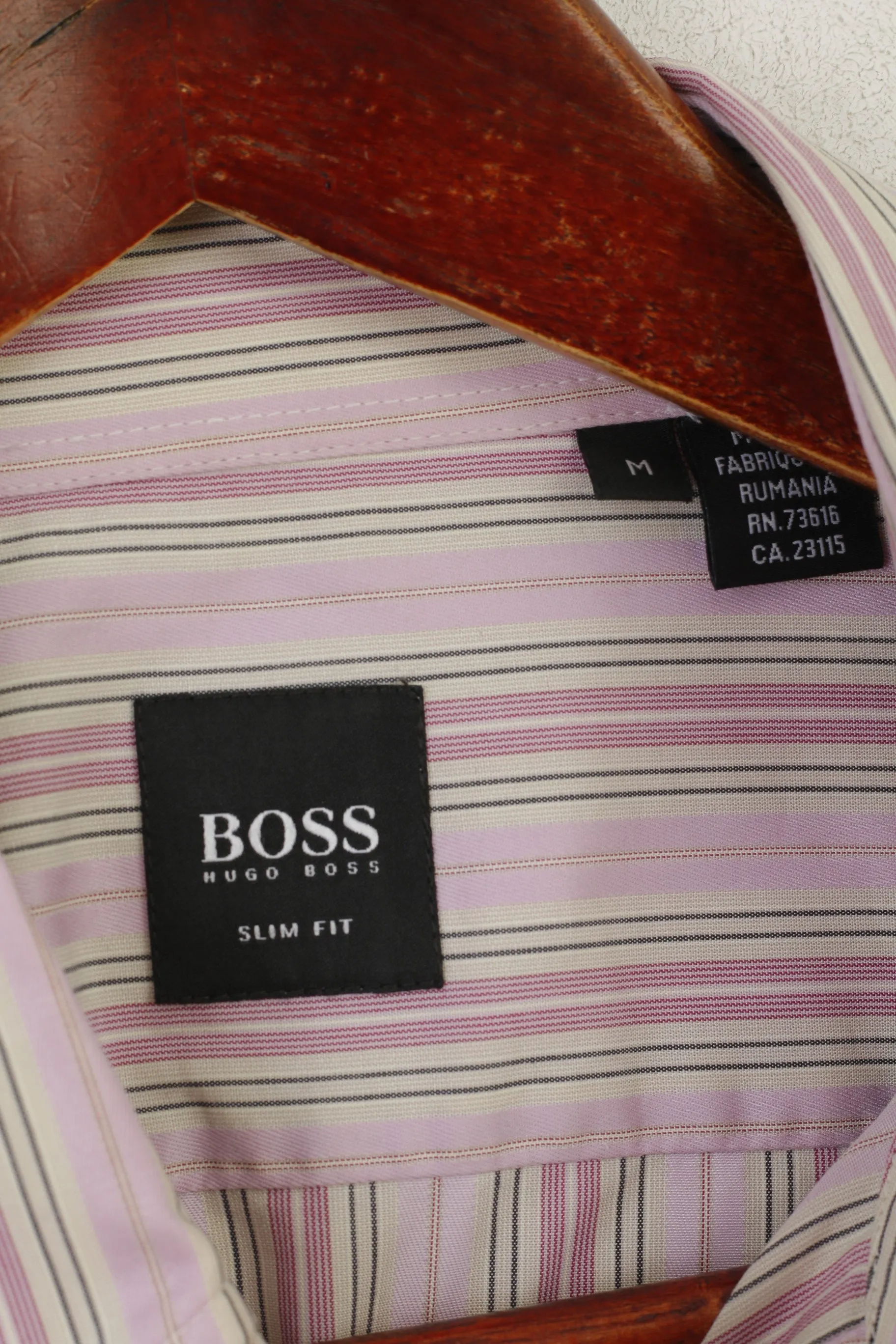 Hugo Boss Men M Casual Shirt Pink Cotton Striped Slim Fit Long Sleeve Top