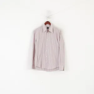 Hugo Boss Men M Casual Shirt Pink Cotton Striped Slim Fit Long Sleeve Top