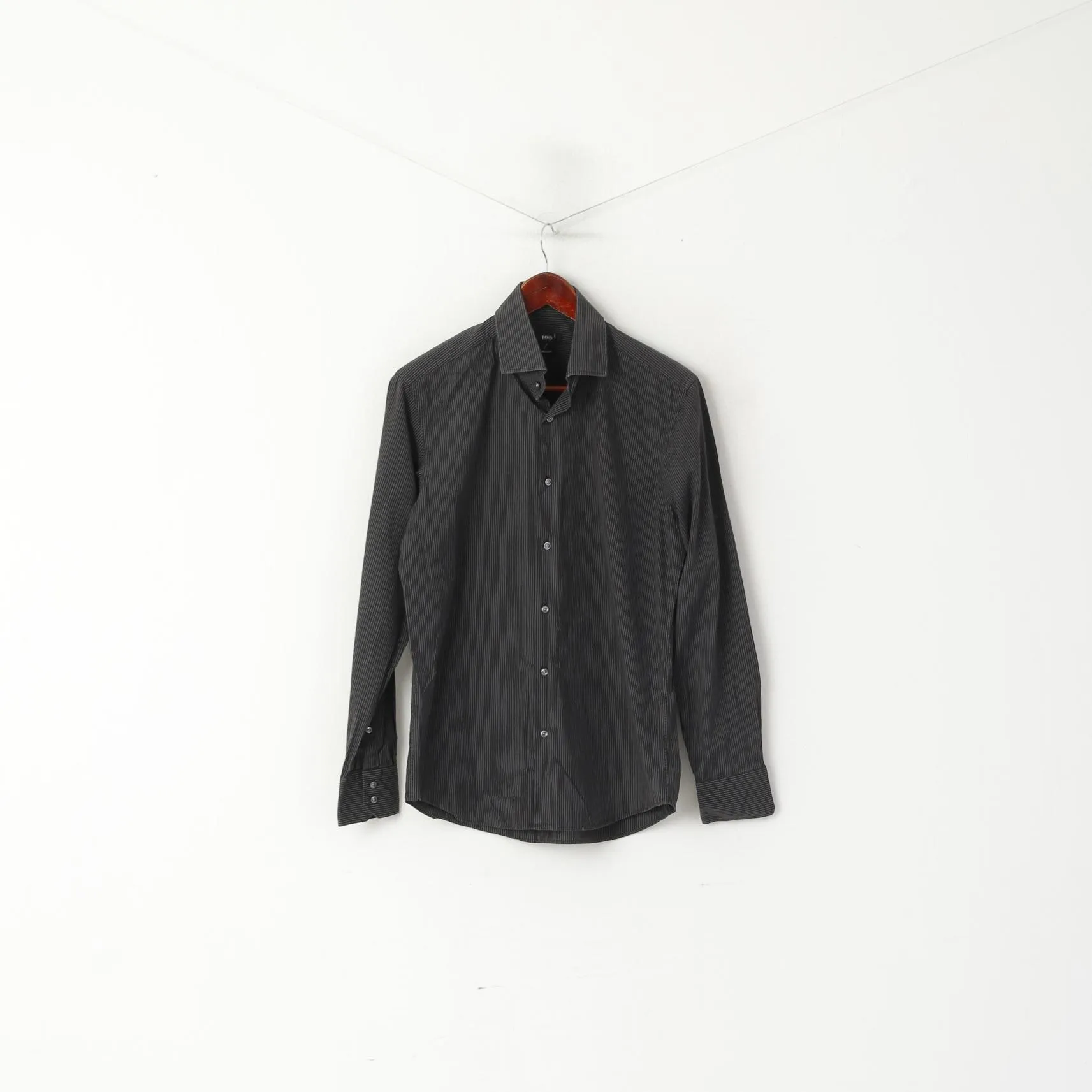 Hugo Boss Men S 40 Casual Shirt Black Striped Cotton Regular Fit Long Sleeve Top
