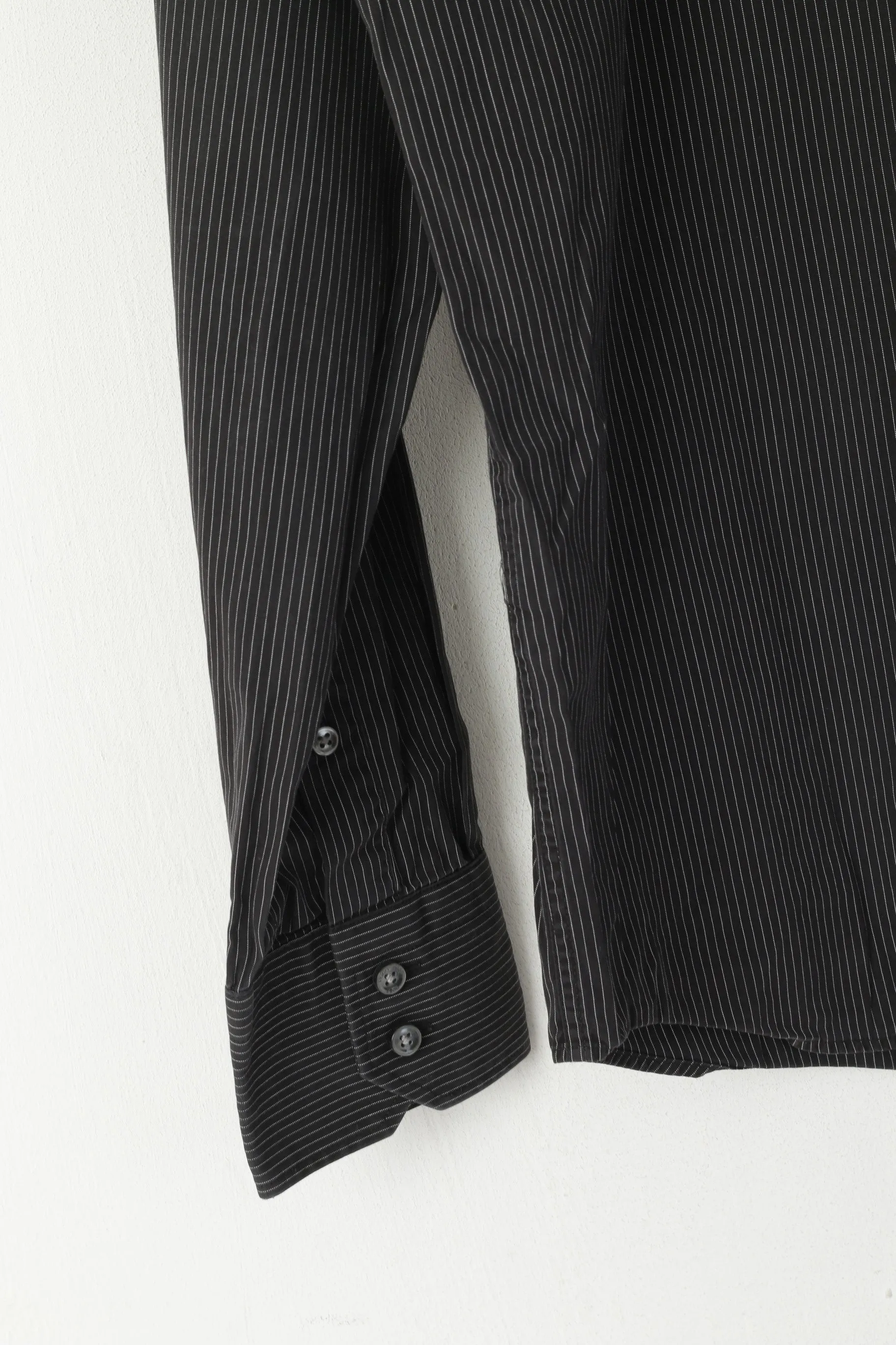 Hugo Boss Men S 40 Casual Shirt Black Striped Cotton Regular Fit Long Sleeve Top