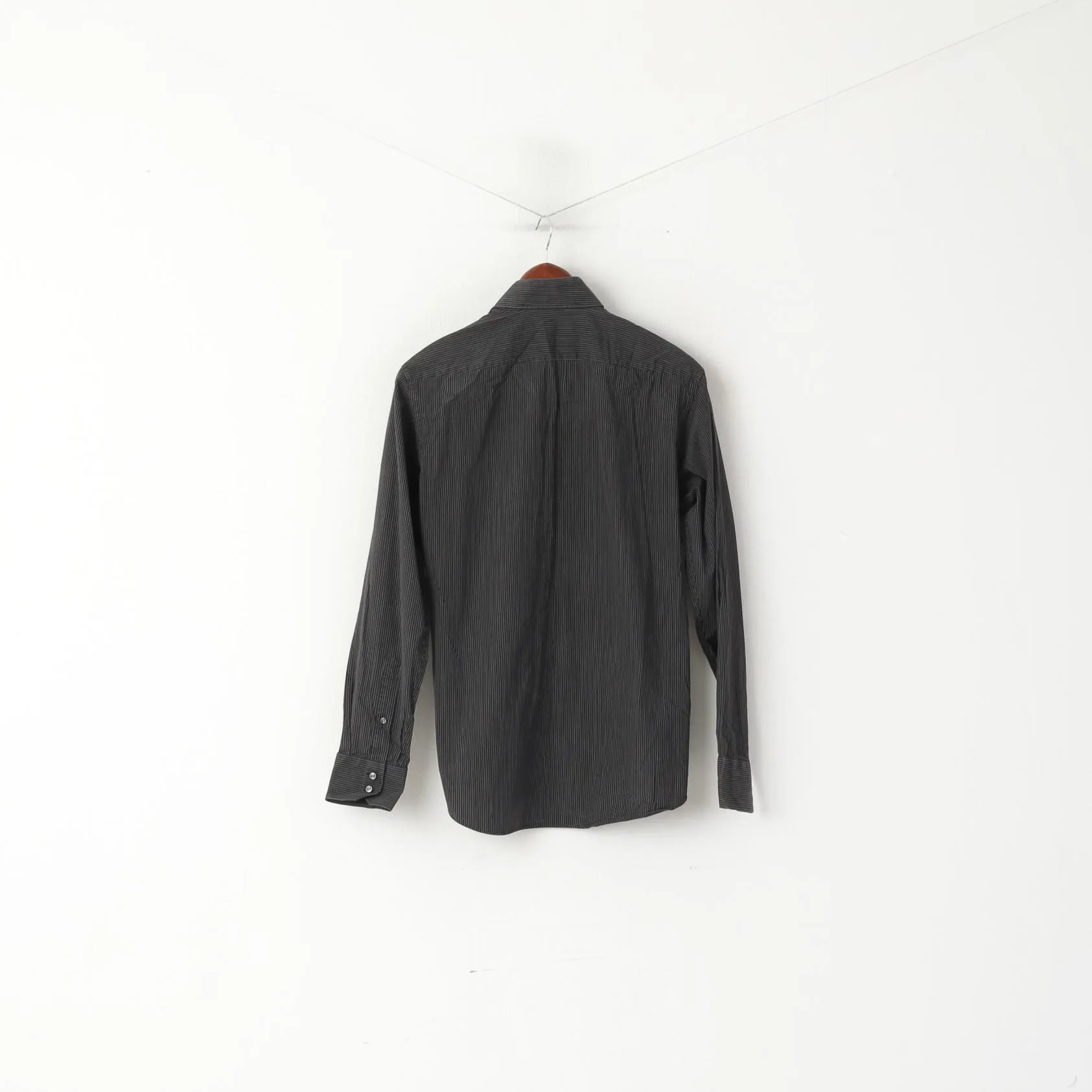 Hugo Boss Men S 40 Casual Shirt Black Striped Cotton Regular Fit Long Sleeve Top