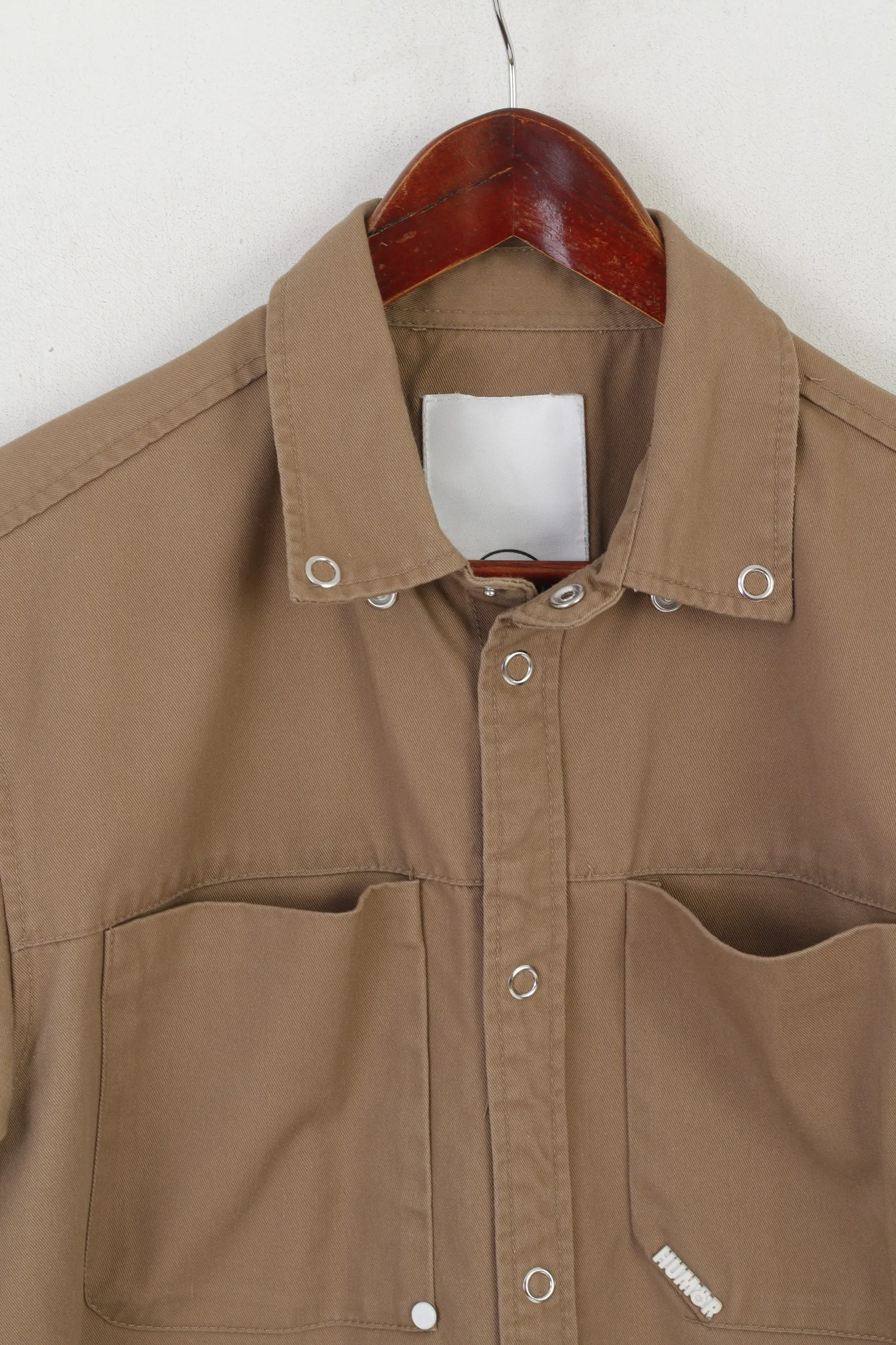 Humor Men M Casual Shirt Brown Cotton Long Sleeve Snaps Pockets Heavy Top