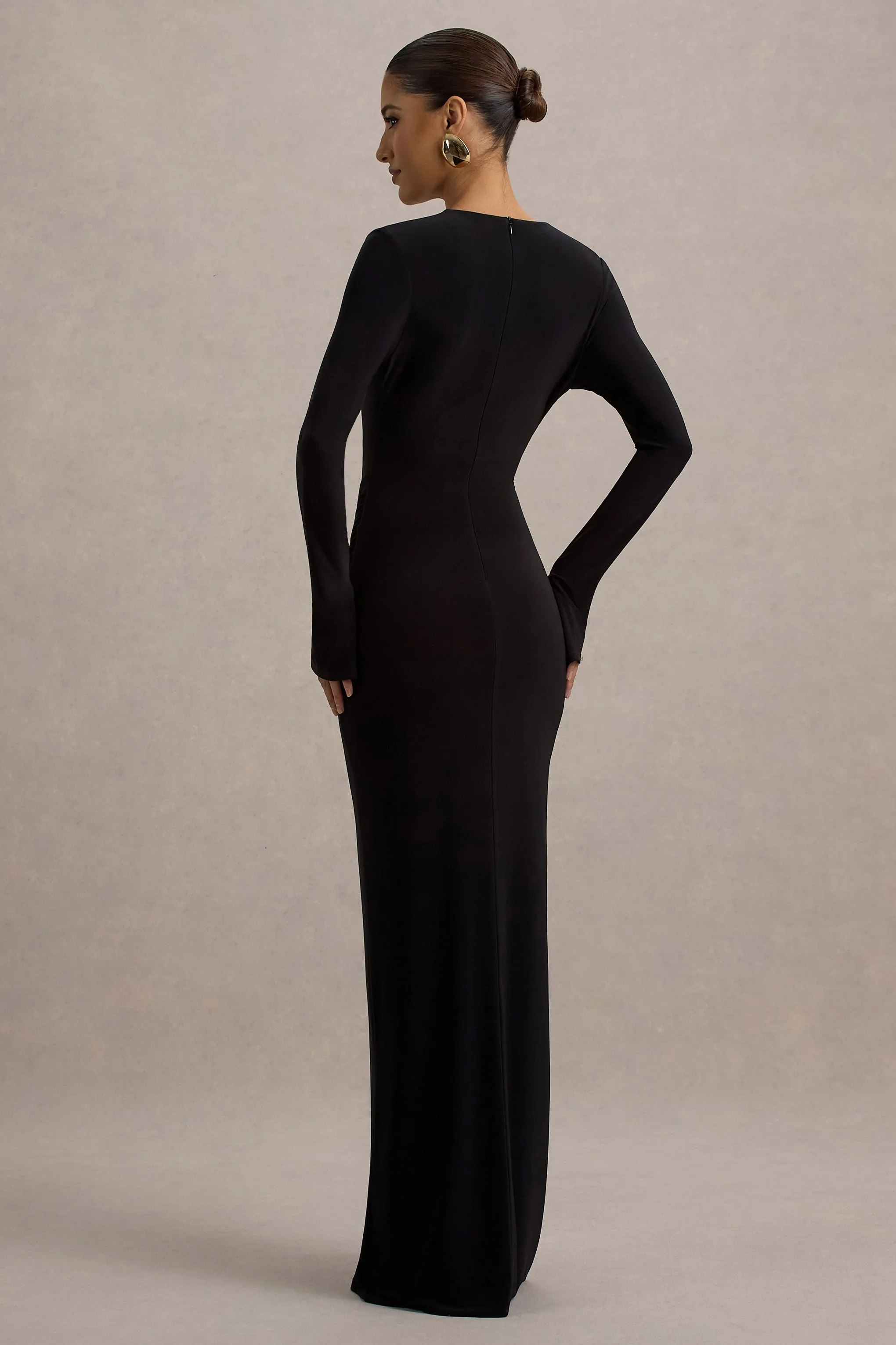 Idony | Black Plunge-Neck Gathered Split Maxi Dress With Ring Detail Club L London