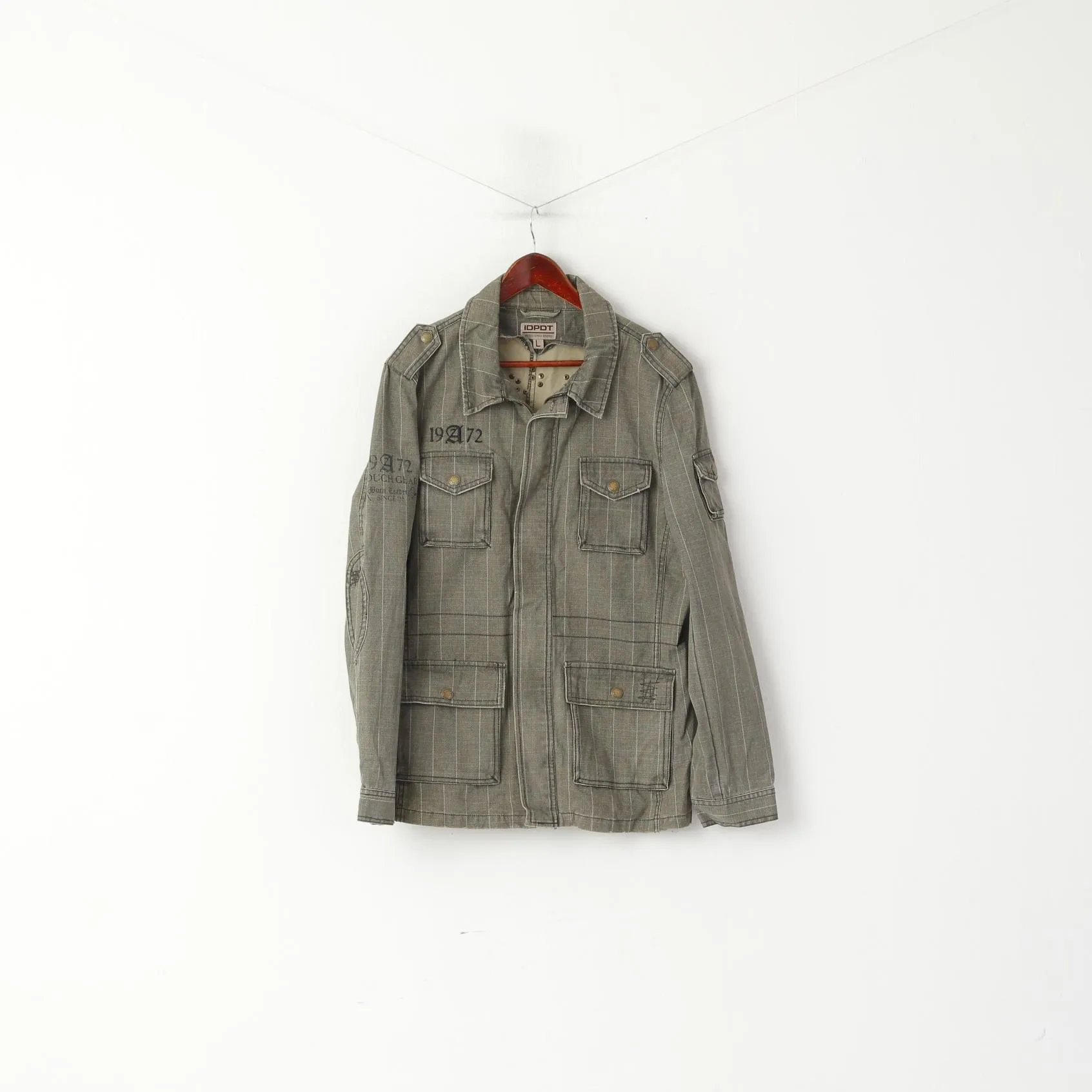 IDPDT Men L (M) Denim Jacket Gray Check Cotton Rough Gear Sky Rebel Blazer Top