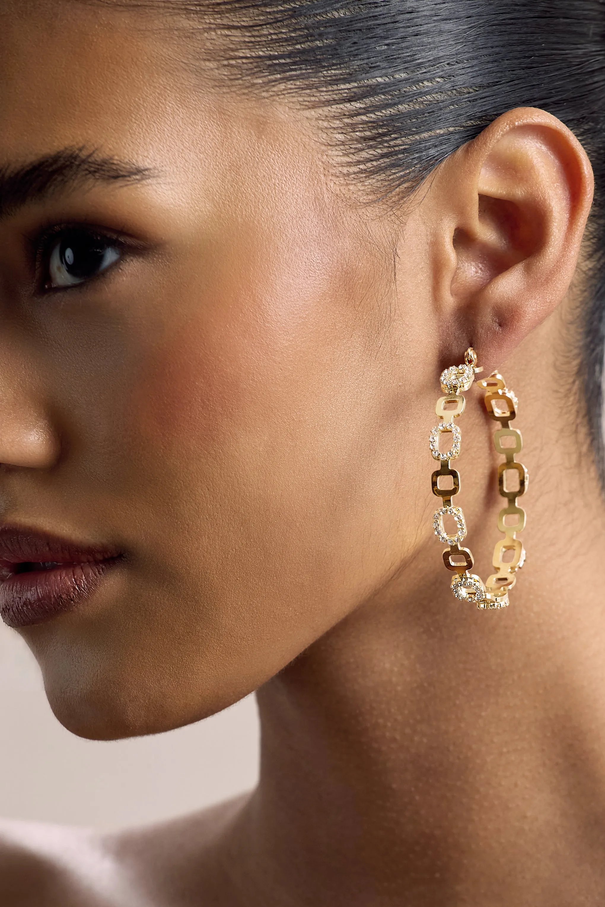 Interlinked | Gold Diamante Chain Hoop Earrings Club L London