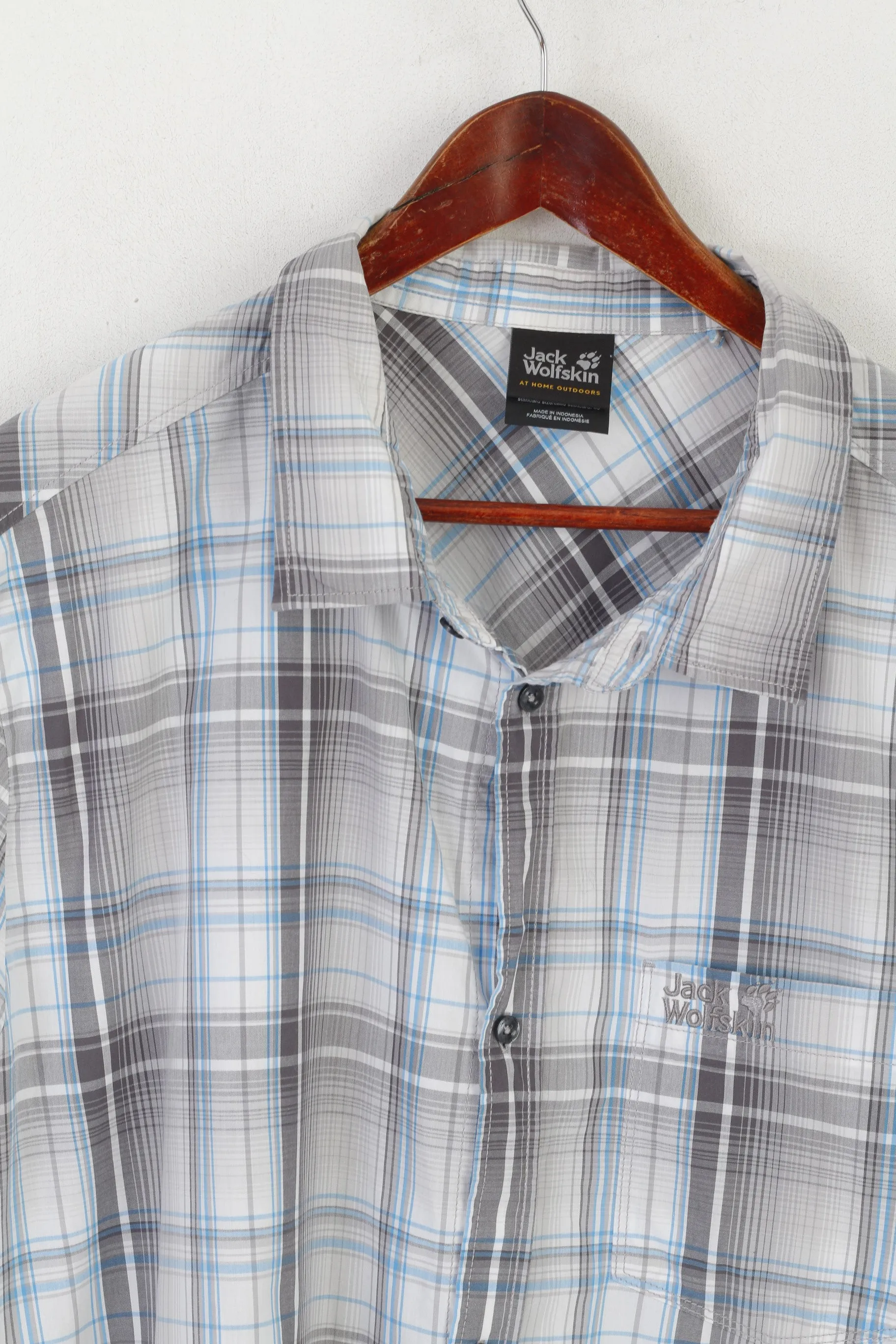 Jack Wolfskin Men 3XL Casual Shirt Gray Cotton Check Outdoor Short Sleeve Top