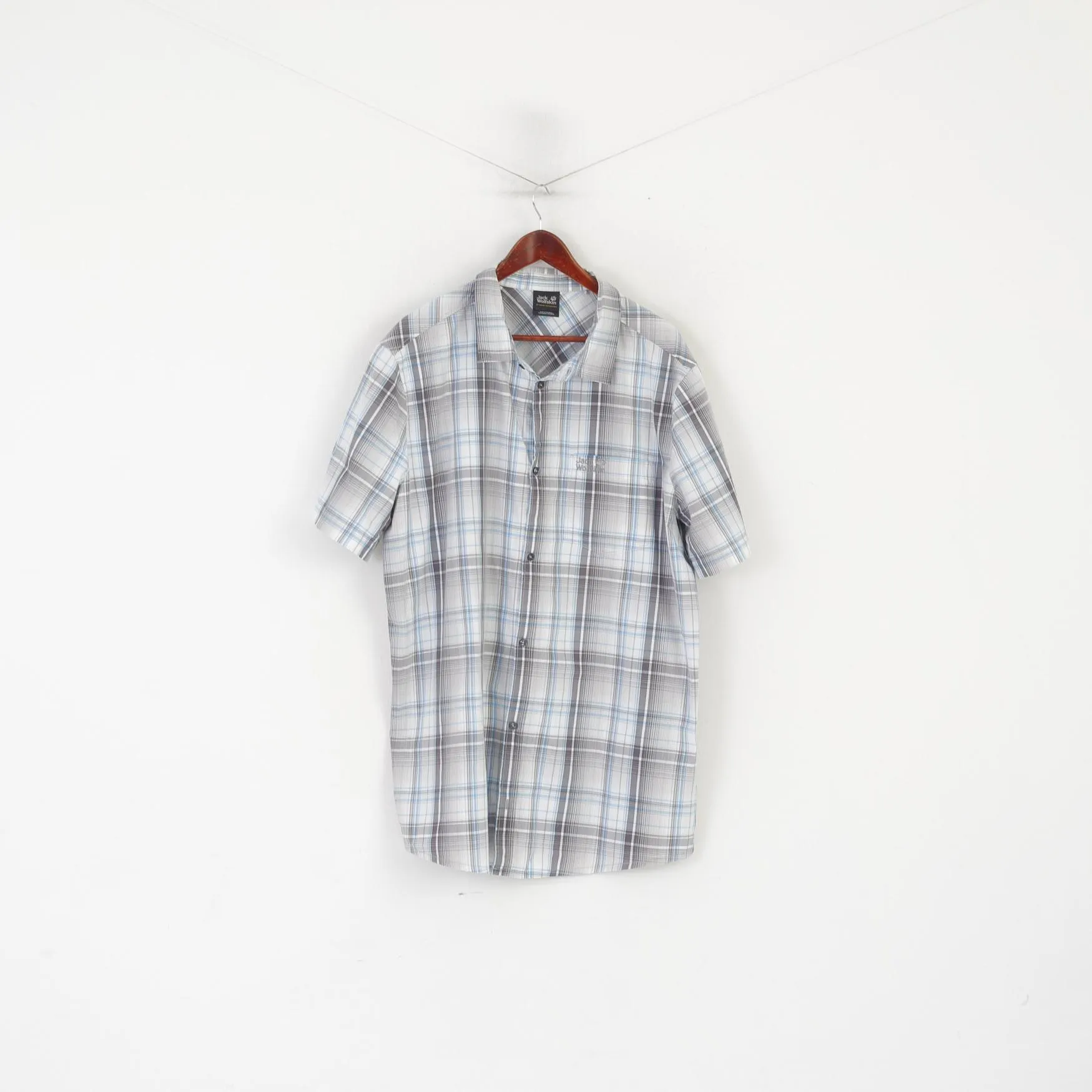 Jack Wolfskin Men 3XL Casual Shirt Gray Cotton Check Outdoor Short Sleeve Top