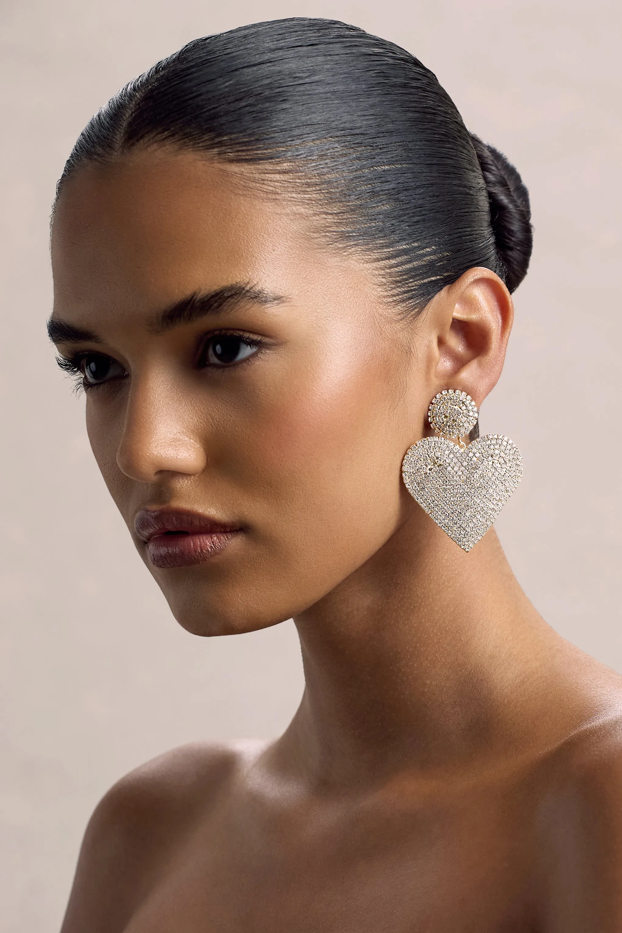 J'adore | Gold Diamante Heart Drop Earrings Club L London