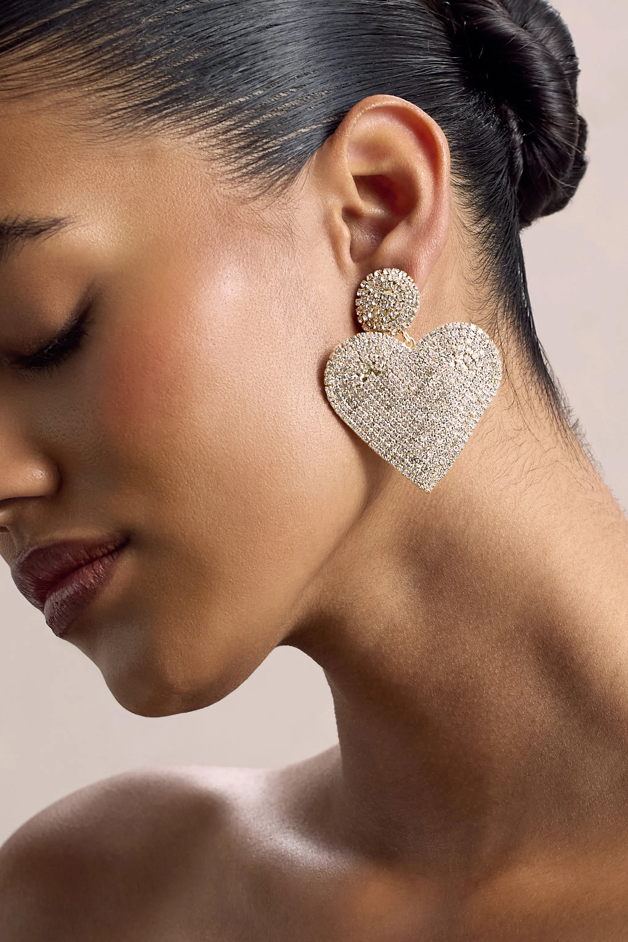 J'adore | Gold Diamante Heart Drop Earrings Club L London