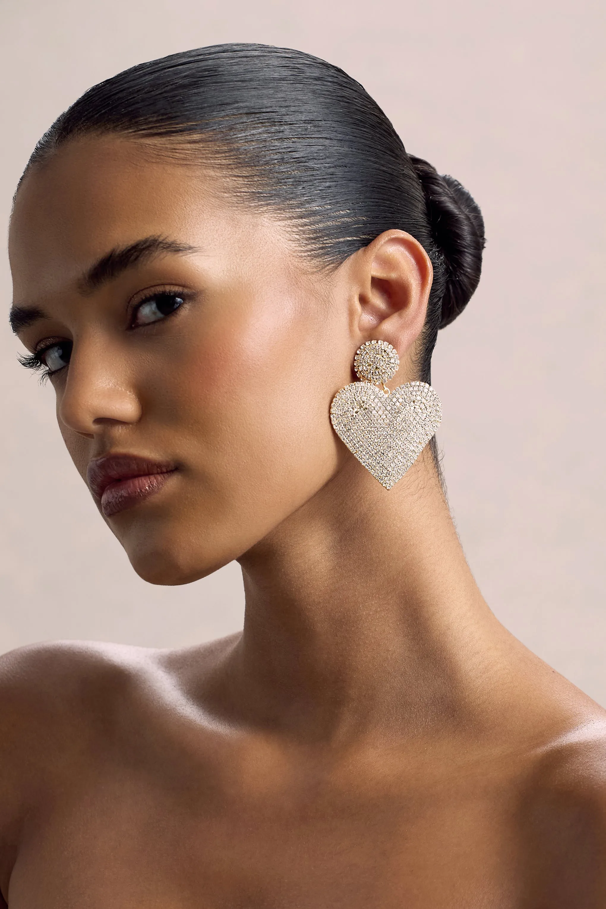 J'adore | Gold Diamante Heart Drop Earrings Club L London