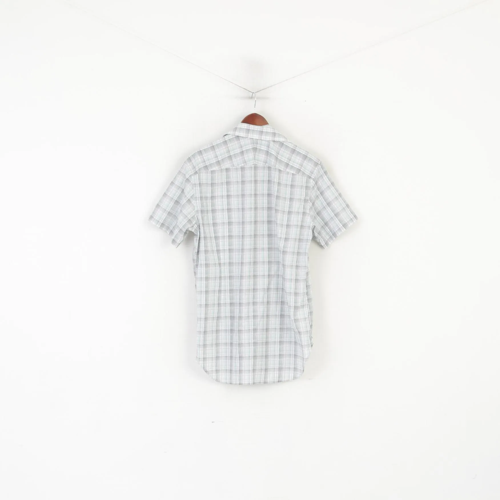 Jaeger London Men 15 S Casual Shirt Green Check Cotton Short Sleeve Top