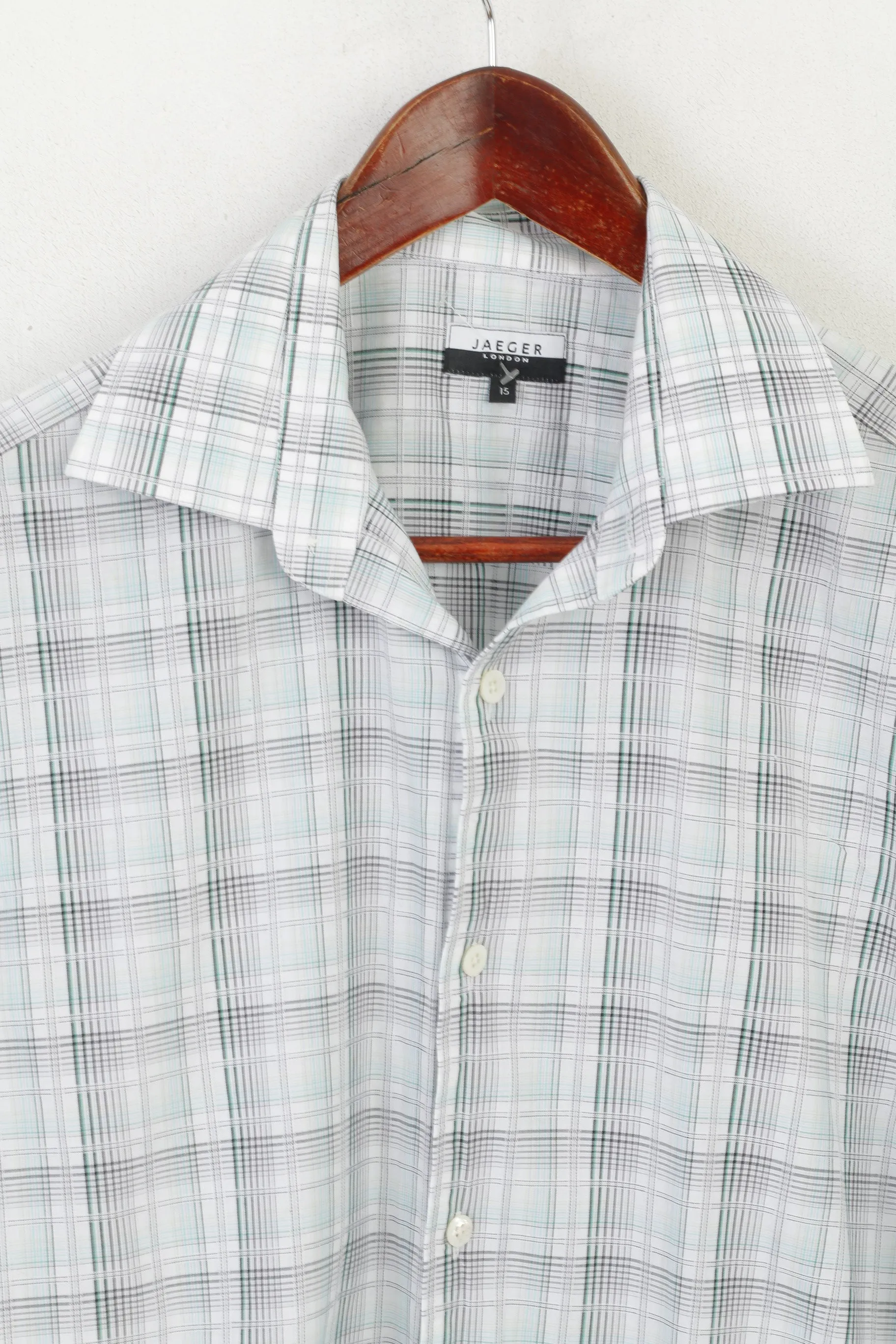 Jaeger London Men 15 S Casual Shirt Green Check Cotton Short Sleeve Top