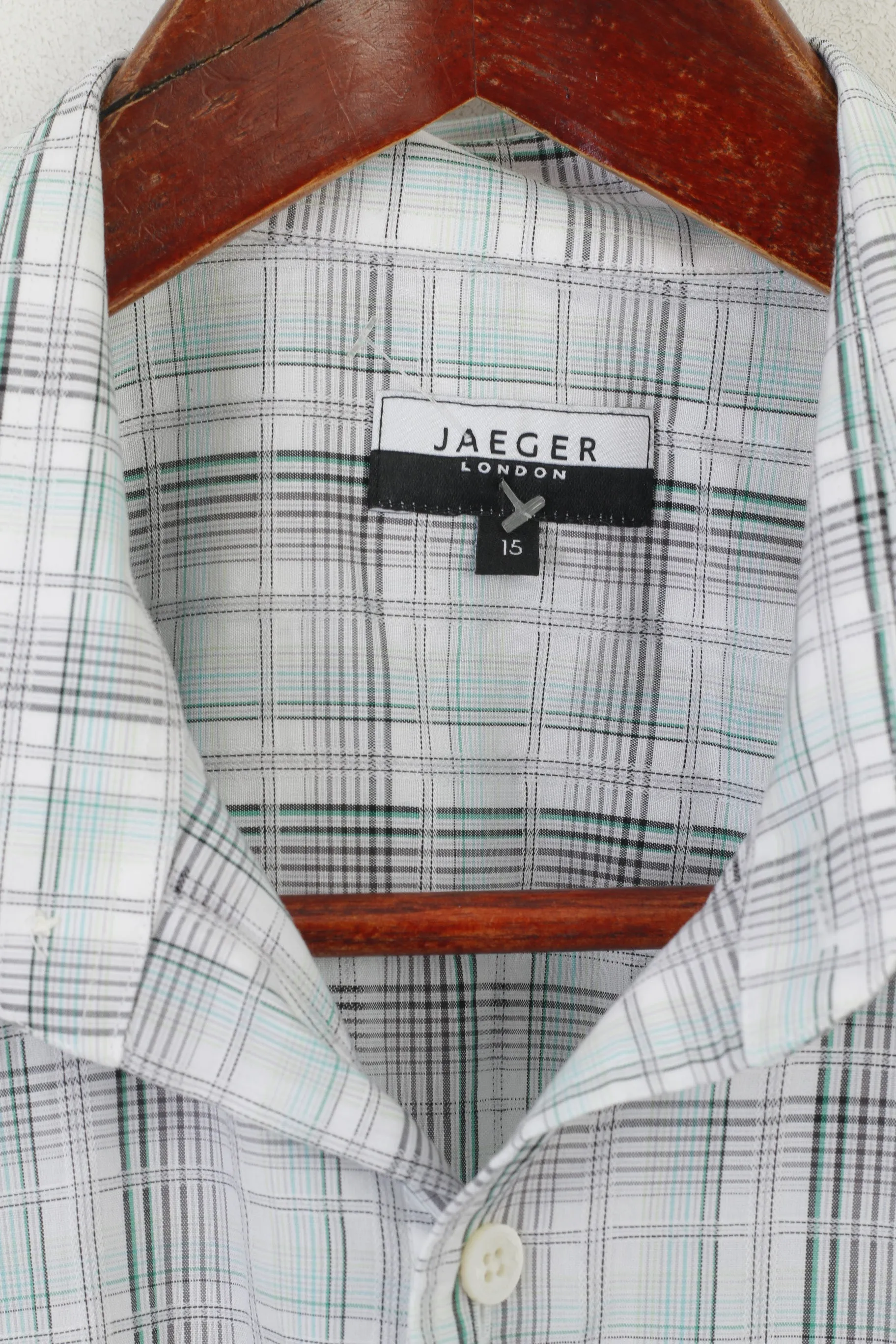 Jaeger London Men 15 S Casual Shirt Green Check Cotton Short Sleeve Top