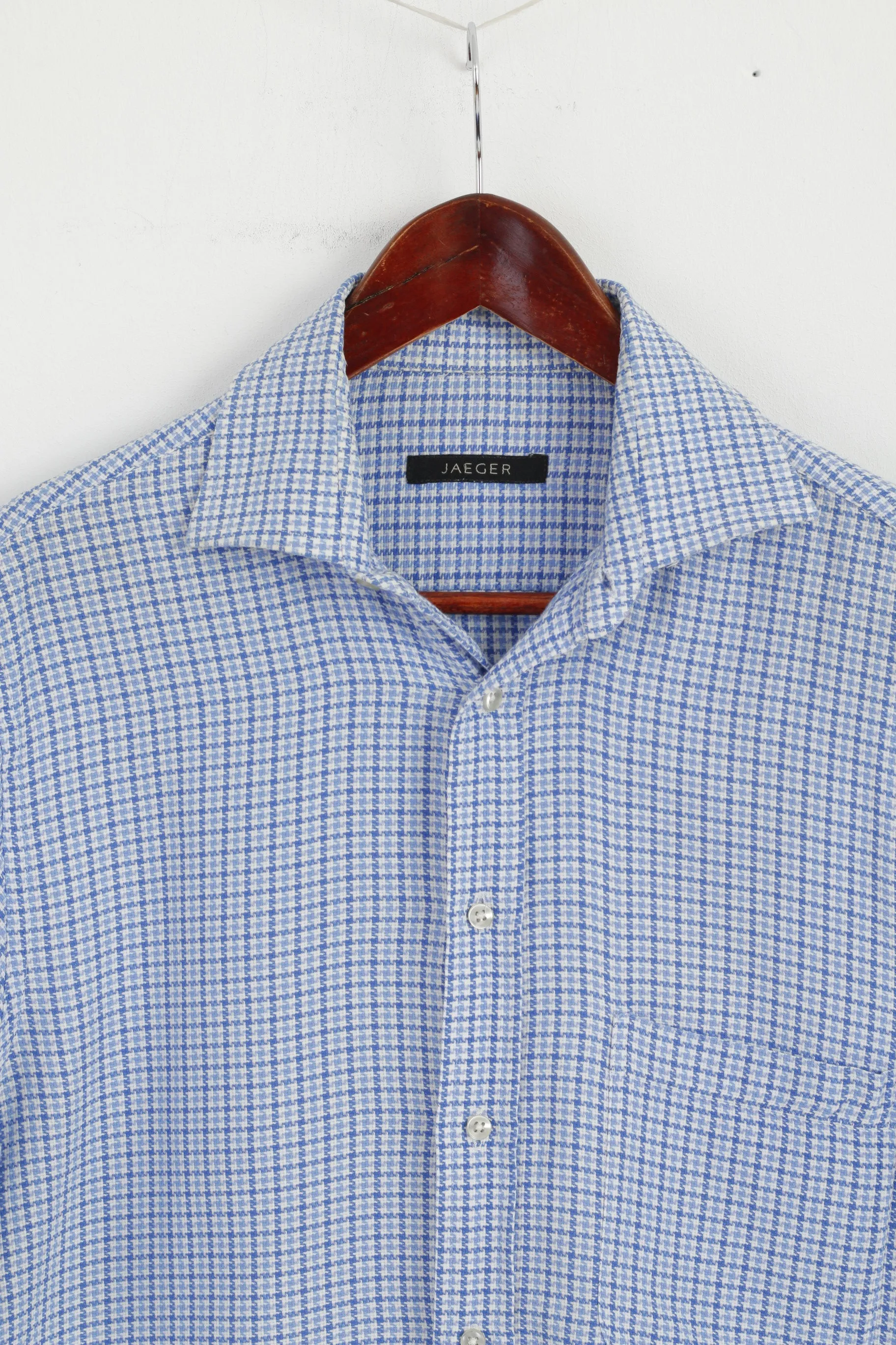 Jaeger Men 15.5 39 M Casual Shirt Blue Houndstooth Cotton Long Sleeve Top