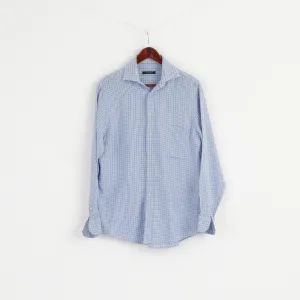 Jaeger Men 15.5 39 M Casual Shirt Blue Houndstooth Cotton Long Sleeve Top