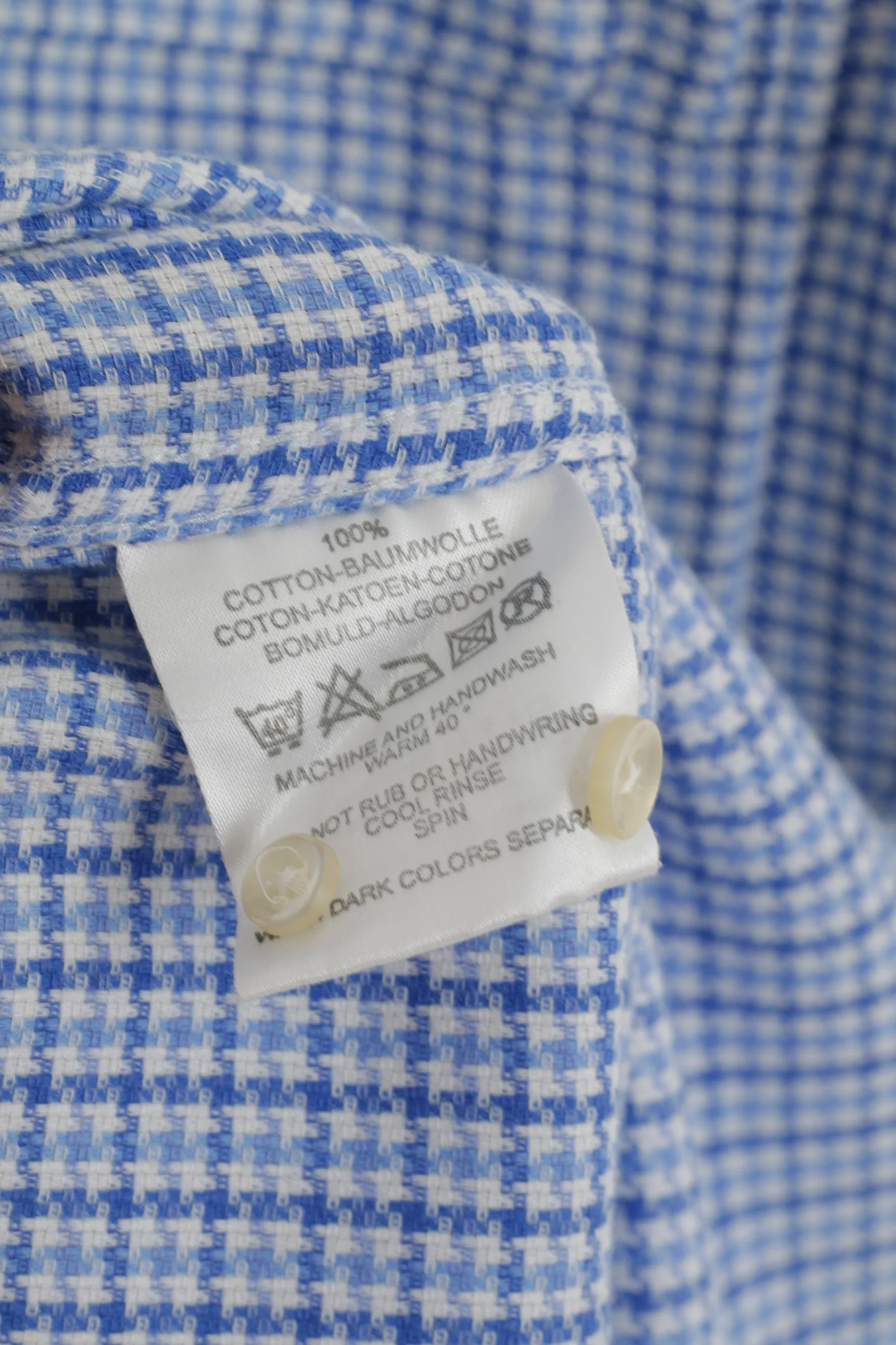 Jaeger Men 15.5 39 M Casual Shirt Blue Houndstooth Cotton Long Sleeve Top