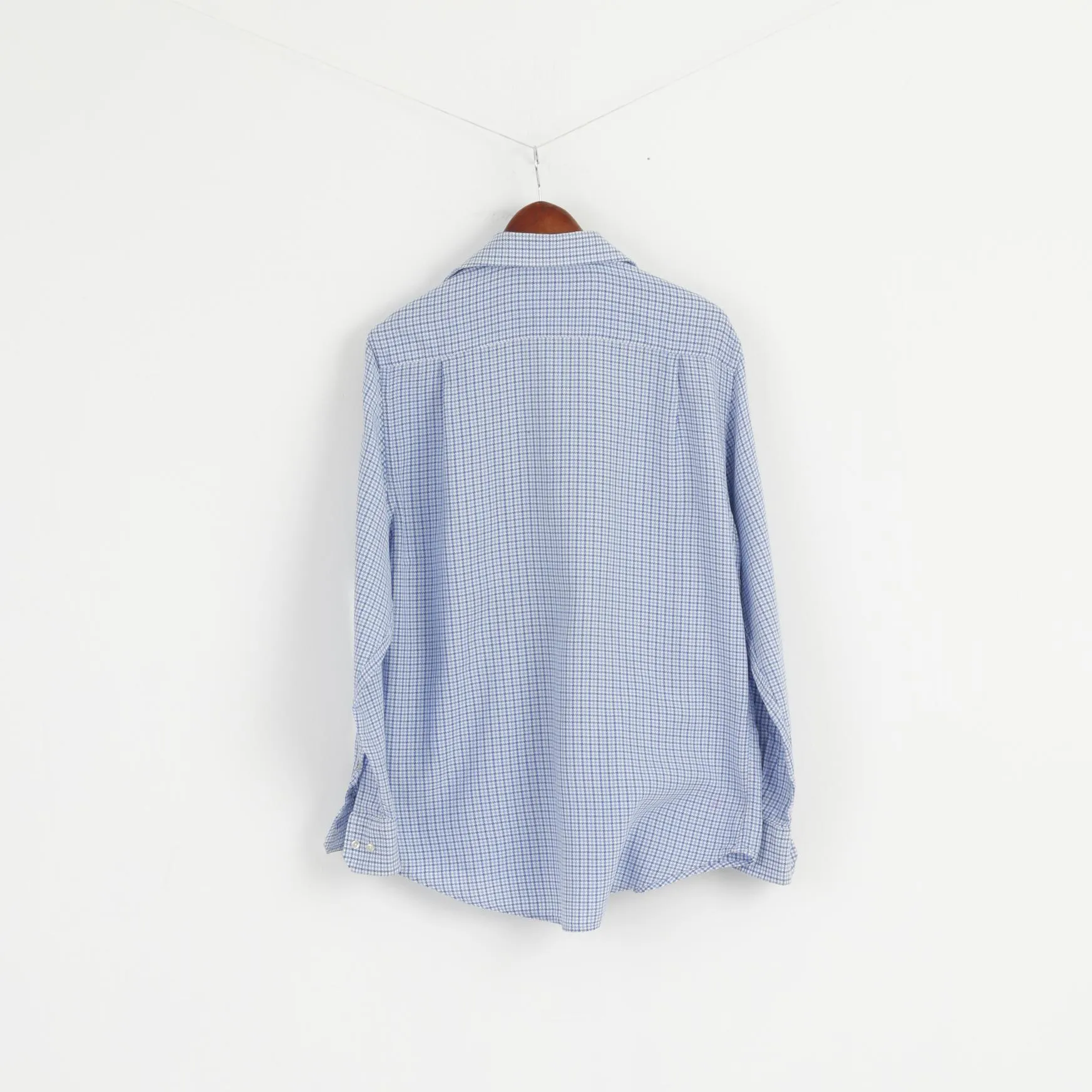 Jaeger Men 15.5 39 M Casual Shirt Blue Houndstooth Cotton Long Sleeve Top