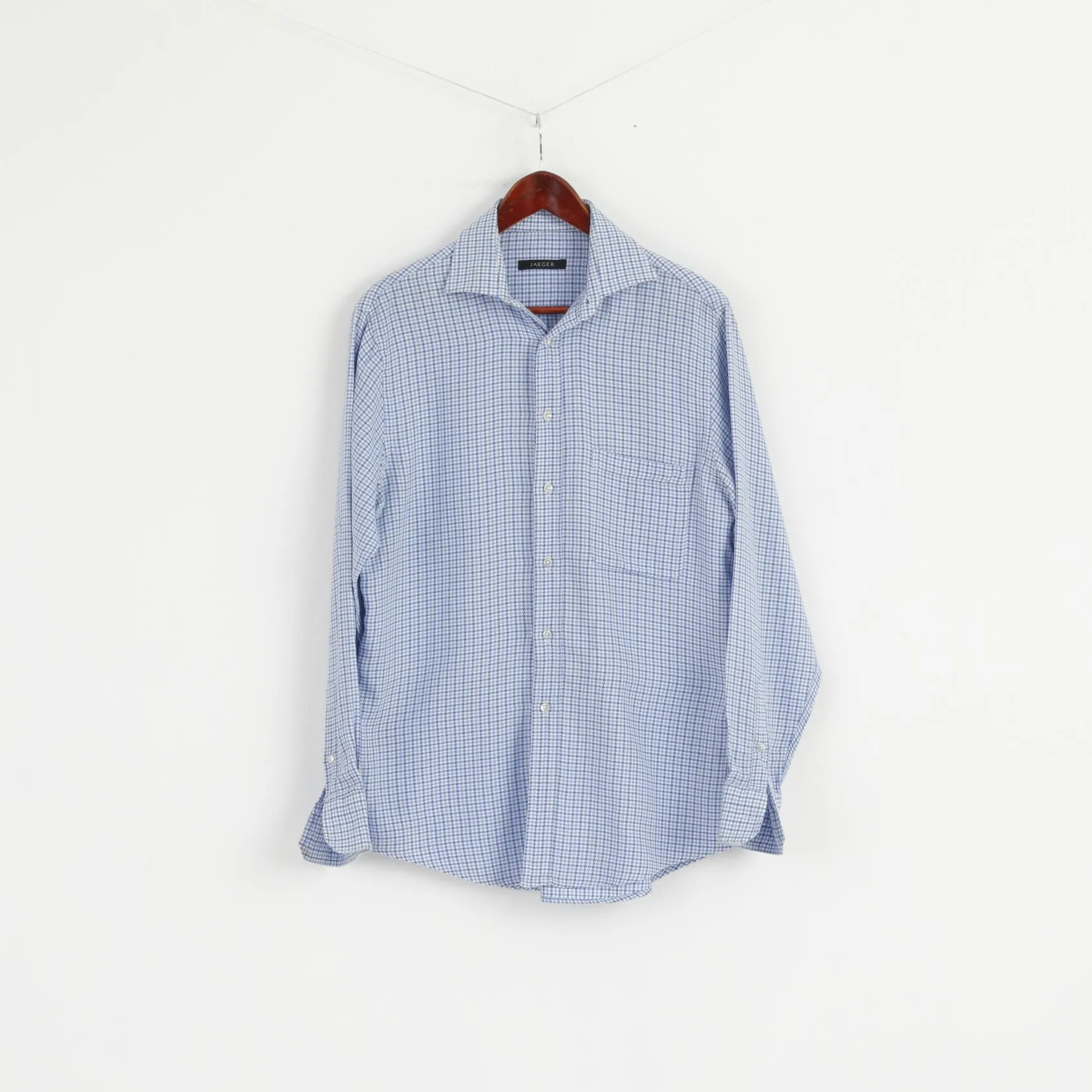 Jaeger Men 15.5 39 M Casual Shirt Blue Houndstooth Cotton Long Sleeve Top