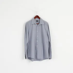 Jaeger Men 16 L Casual Shirt Blue Cotton Striped Long Sleeve Detailed Buttons Top