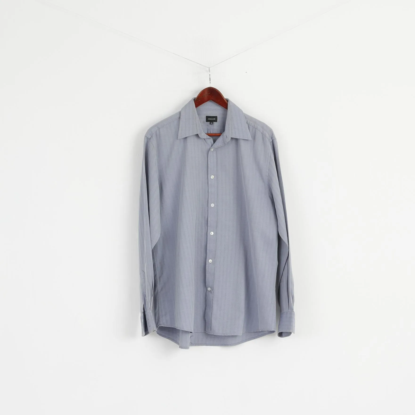 Jaeger Men 16 L Casual Shirt Blue Cotton Striped Long Sleeve Detailed Buttons Top
