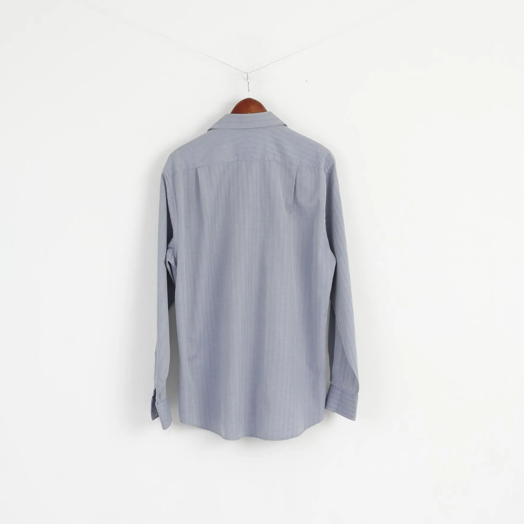 Jaeger Men 16 L Casual Shirt Blue Cotton Striped Long Sleeve Detailed Buttons Top