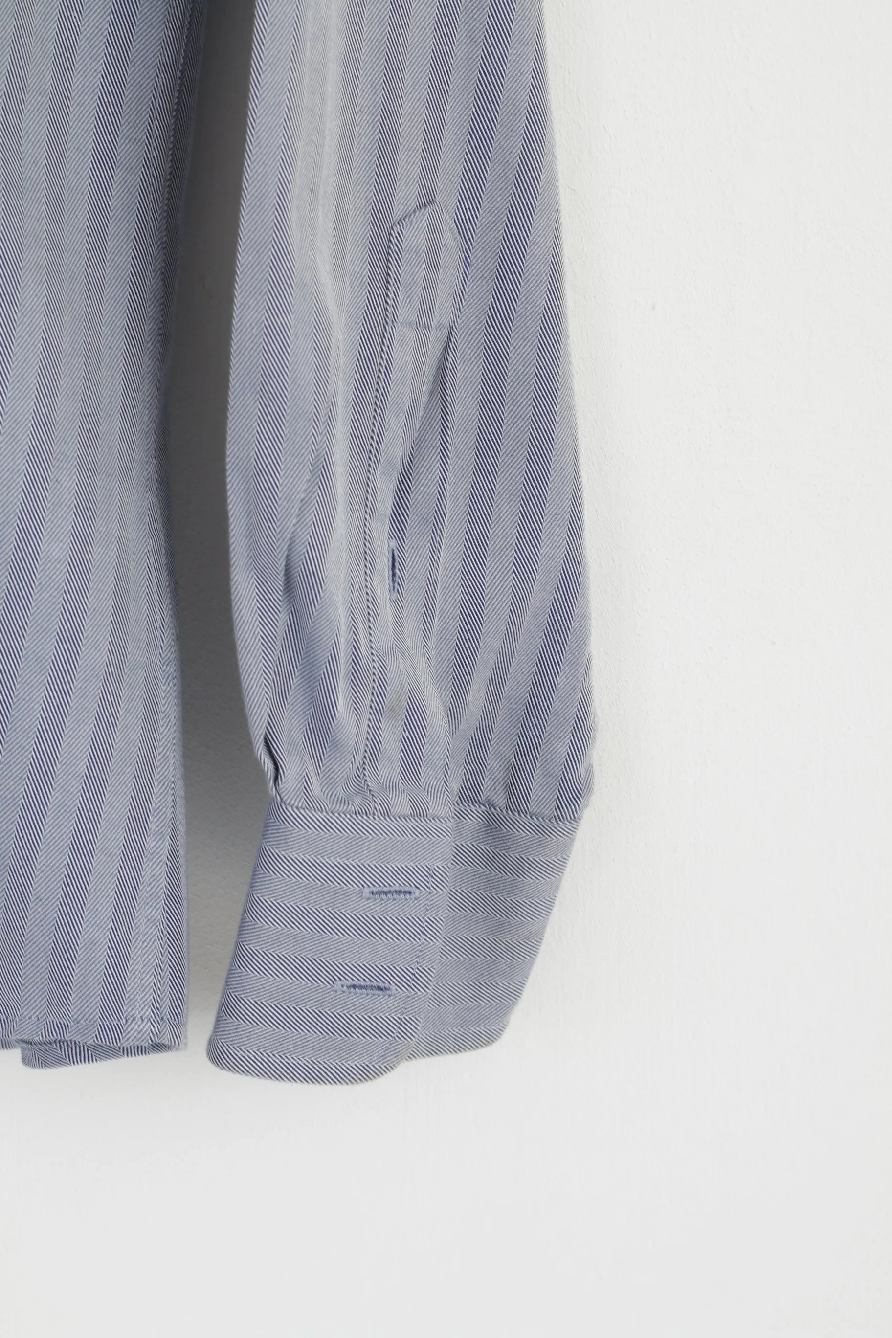 Jaeger Men 16 L Casual Shirt Blue Cotton Striped Long Sleeve Detailed Buttons Top
