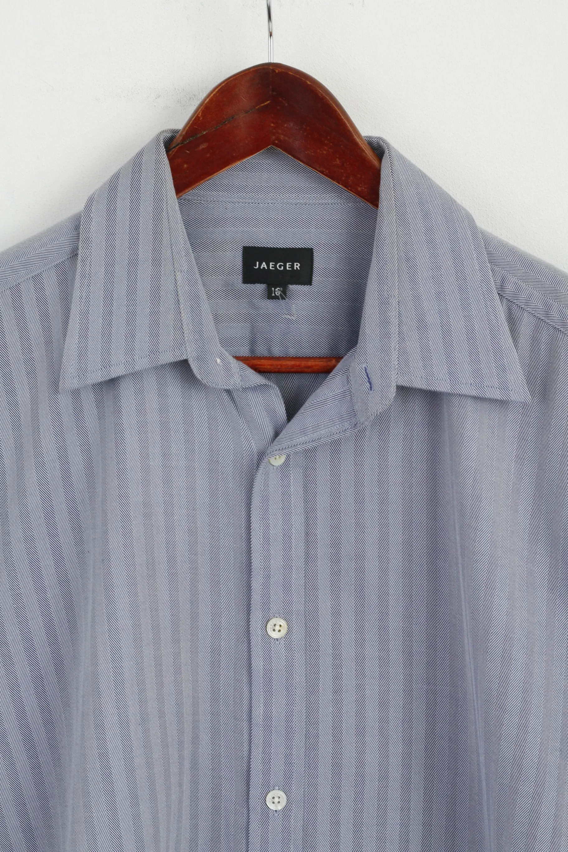 Jaeger Men 16 L Casual Shirt Blue Cotton Striped Long Sleeve Detailed Buttons Top