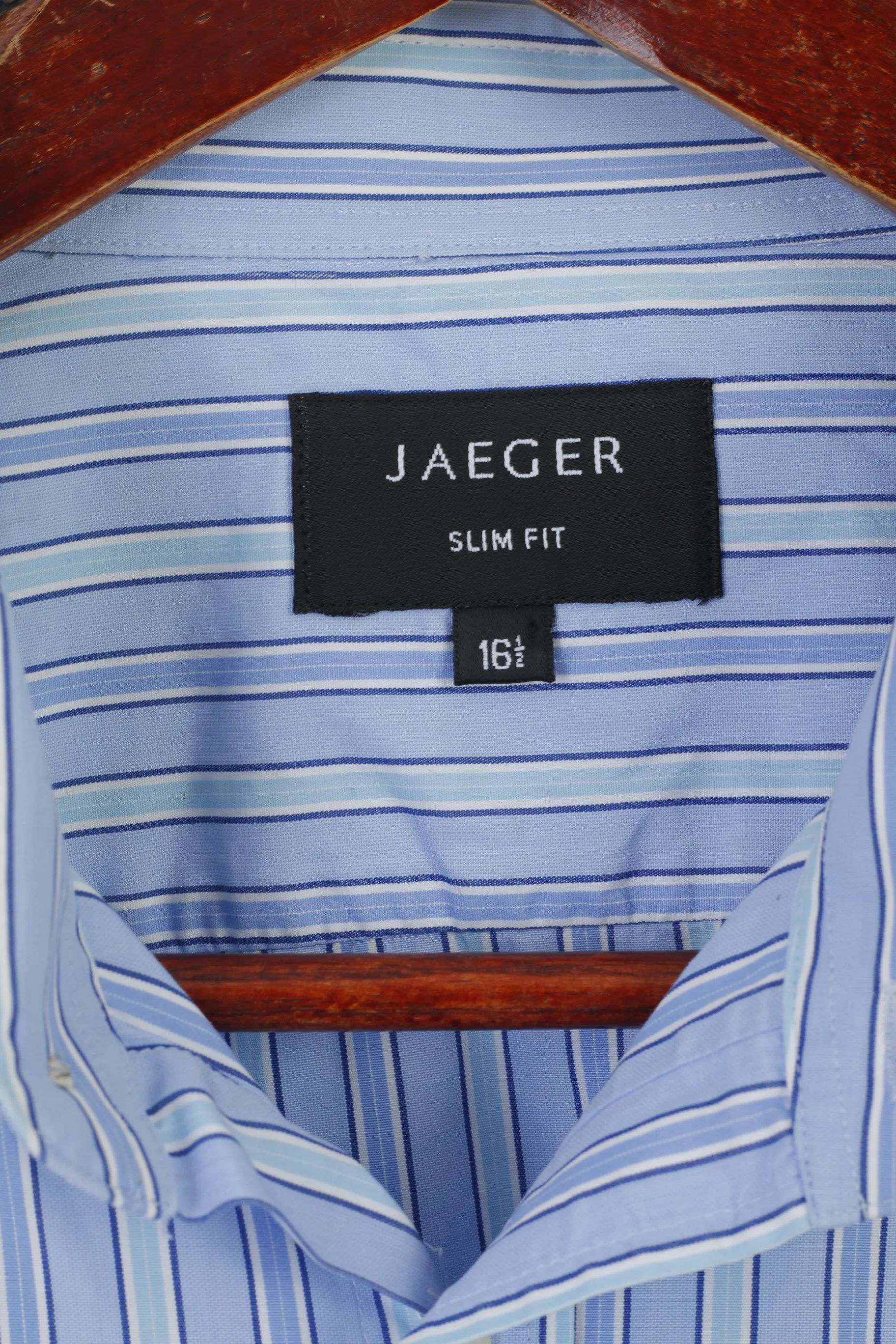 Jaeger Men 16.5 L Casual Shirt Blue Striped Cotton Slim Fit Long Sleeve Cuff Top