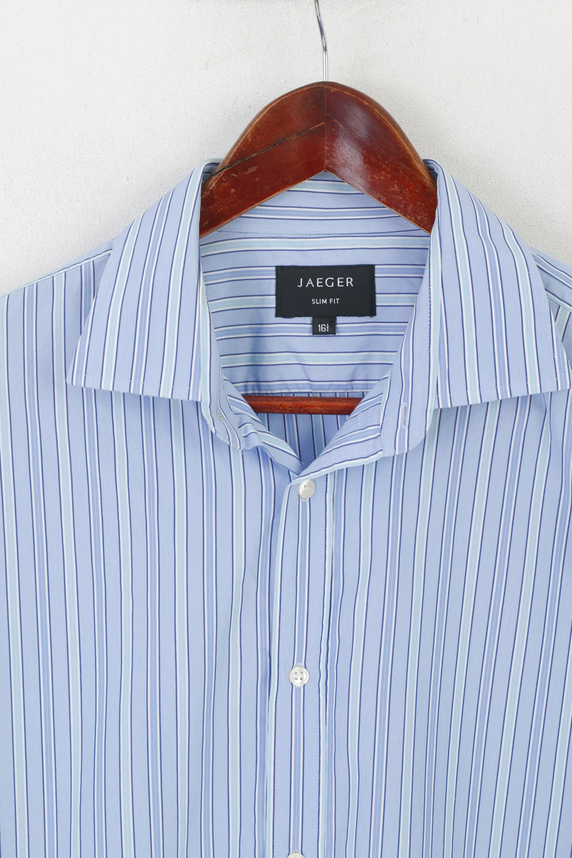 Jaeger Men 16.5 L Casual Shirt Blue Striped Cotton Slim Fit Long Sleeve Cuff Top