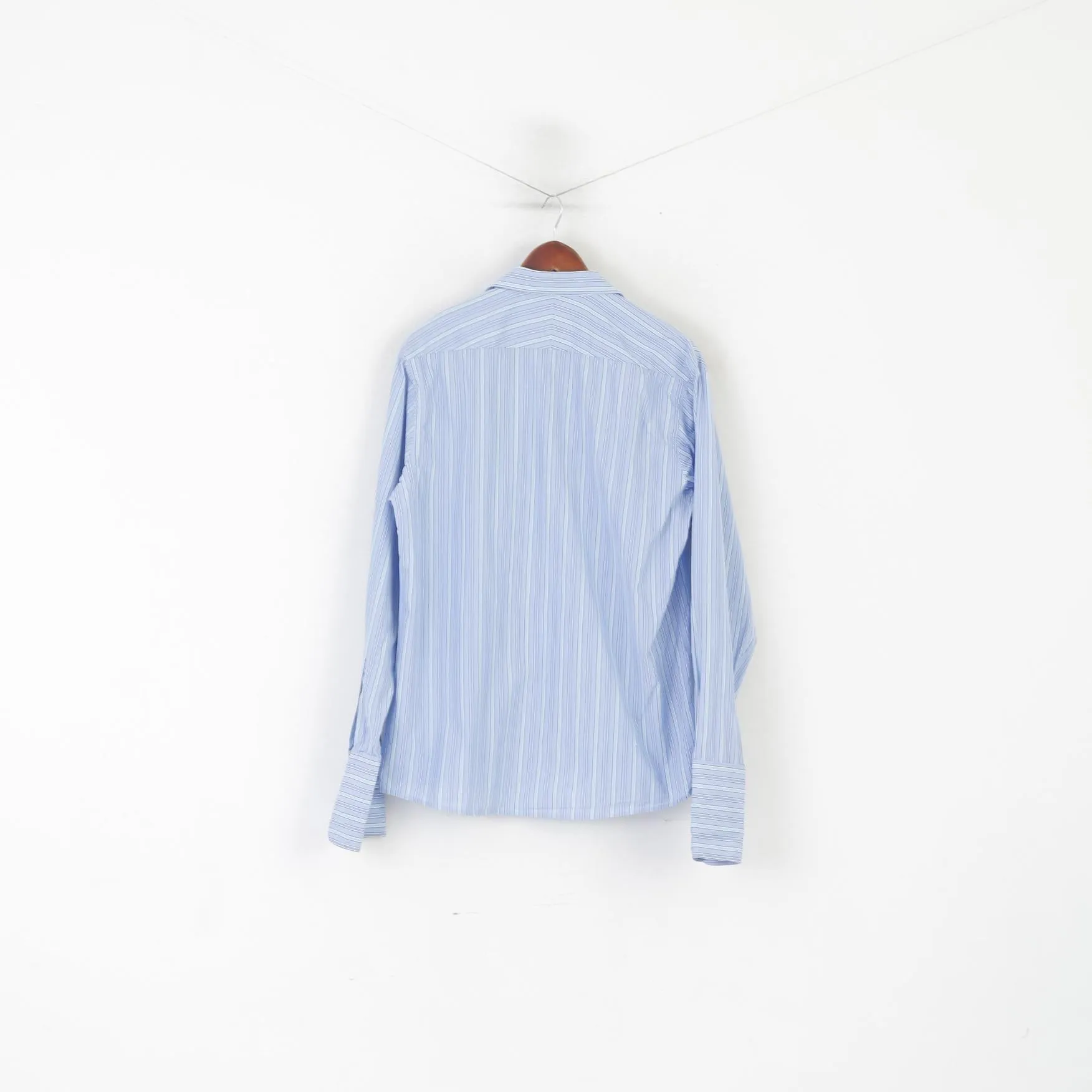 Jaeger Men 16.5 L Casual Shirt Blue Striped Cotton Slim Fit Long Sleeve Cuff Top
