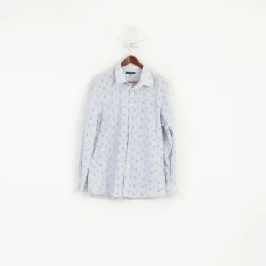 Jaeger Men XL Casual Shirt Blue Striped Dots Cotton Long Sleeve Top